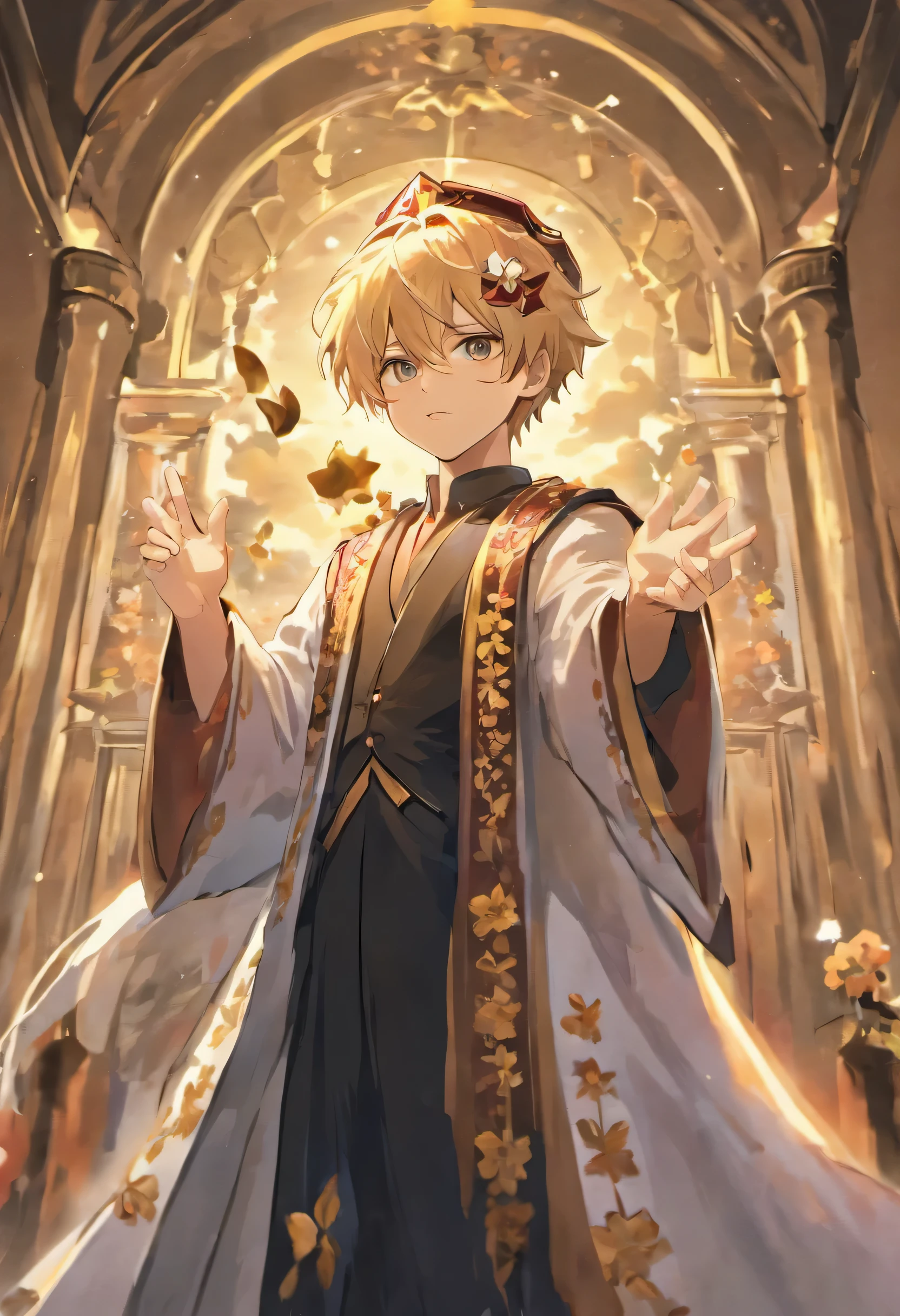 Create clipart of a graduating man, Wearing a gown and a crown of flowers, Holding in his hands a diploma, a symbol of his achievements. Men brown and black eyeake sure that the clip art background is high resolution and crisp white。Her hair is blonde