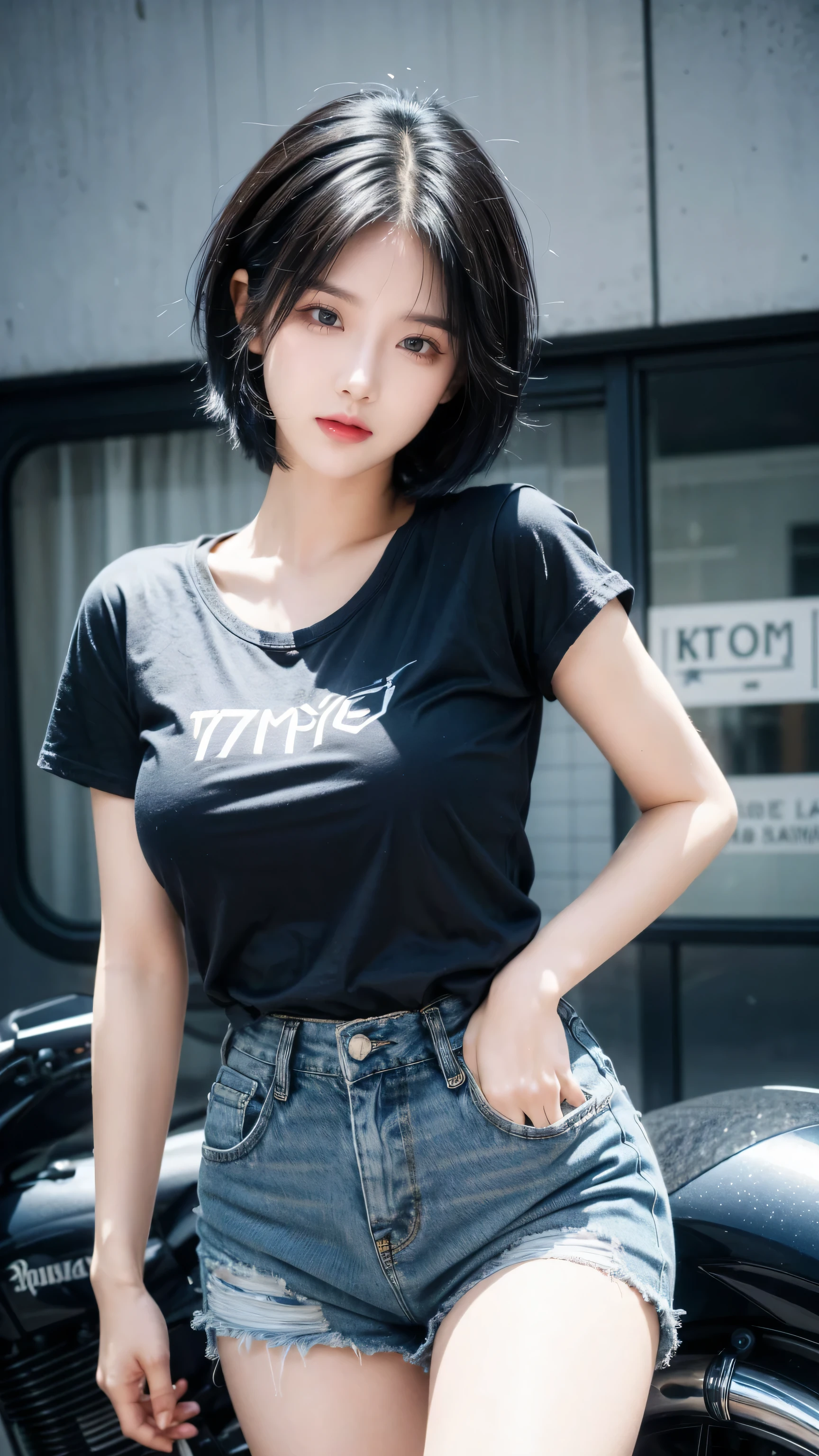 best quality, 1 Girl, dark blue hair, black eyes, Very short hair, Spiky hair, red down oversize t-shirt, High waist short jeans, 171 cm, Messy hair, Hair between the eyes, Medium breasts, full, Tomboy, aldult, 20 years old, 1 Girl