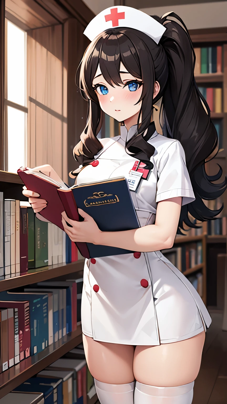 (masterpiece, best quality, detailed), 1girl, solo, looking at viewer, hilda pokemon, high ponytail, long hair, blue eyes, nurse, nurse uniform, white thighhighs, nurse cap, id card, white dress, indoors, library, bookshelf, book, book stack, blush, beautiful detailed eyes