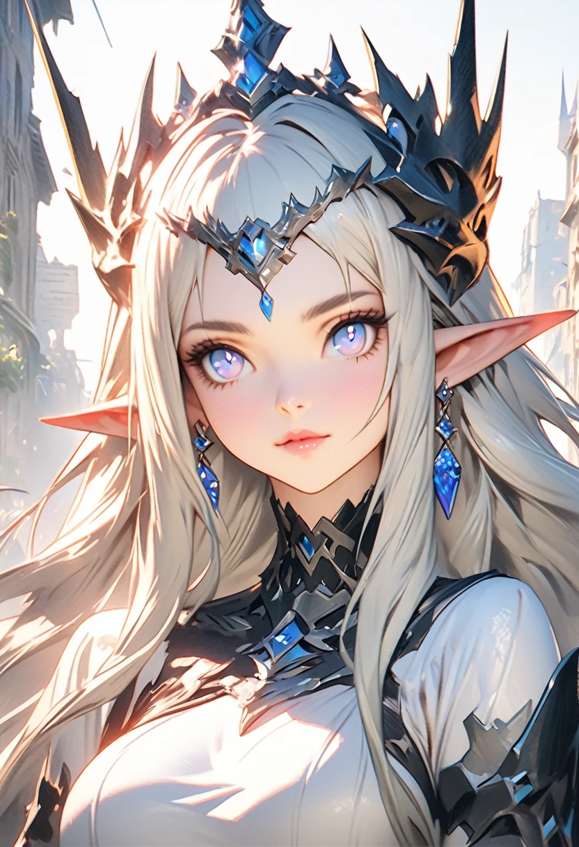 A woman with long hair and a sword on the street, elf girl, 2. 5D CGI anime fantasy artwork, female anime character, elf queen, elf portrait, from arknights, hot topics on artstation pixiv, charming elf princess knight, portrait of Elf Queen, detailed digital anime art, guweiz on pixiv artstation, low-cut top, plump breasts, 8K high quality, long red earrings with sapphires, beautiful eyes and pupils, long eyelashes
