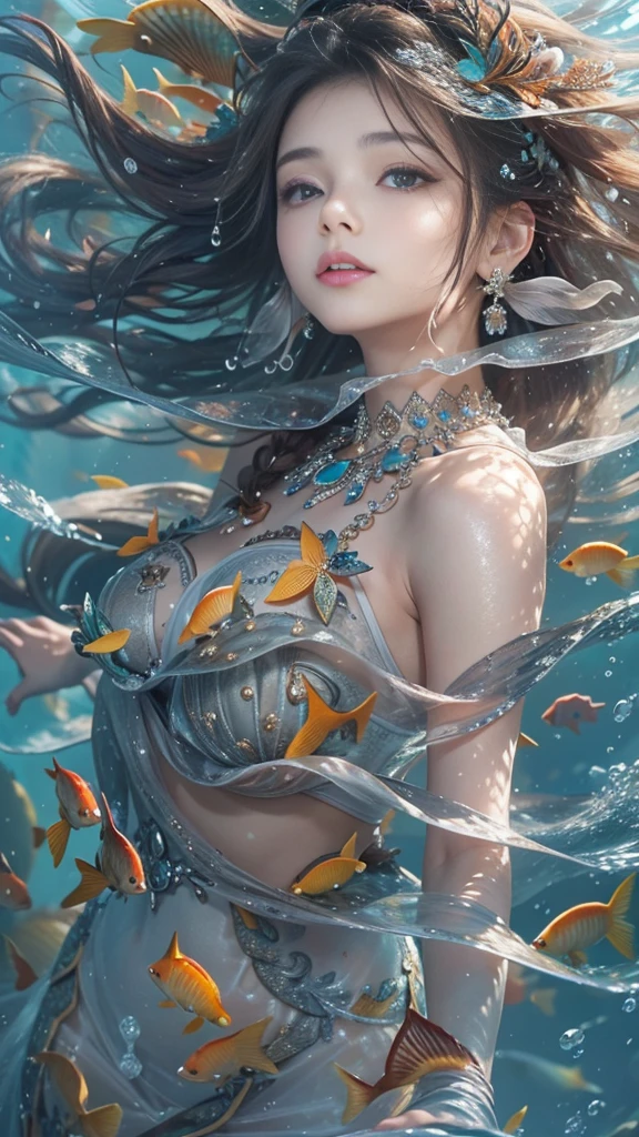 ((Best Quality　8K Masterpiece)) japanese beauty girl　(kawaii:1.6) 17 age　the golden ratio　(beautiful symmetrical eye　shiny plump lips:1.2) (She's facing the front:1.6)、Looking at the camera　 (water spirit costume　A transparent veil wrapped in wave spray　water dragon wings:1.5)  (Fly on wings:1.6)　(slenderbody　beutiful breast:1.4)　sexypose　Detailed and fantastic background