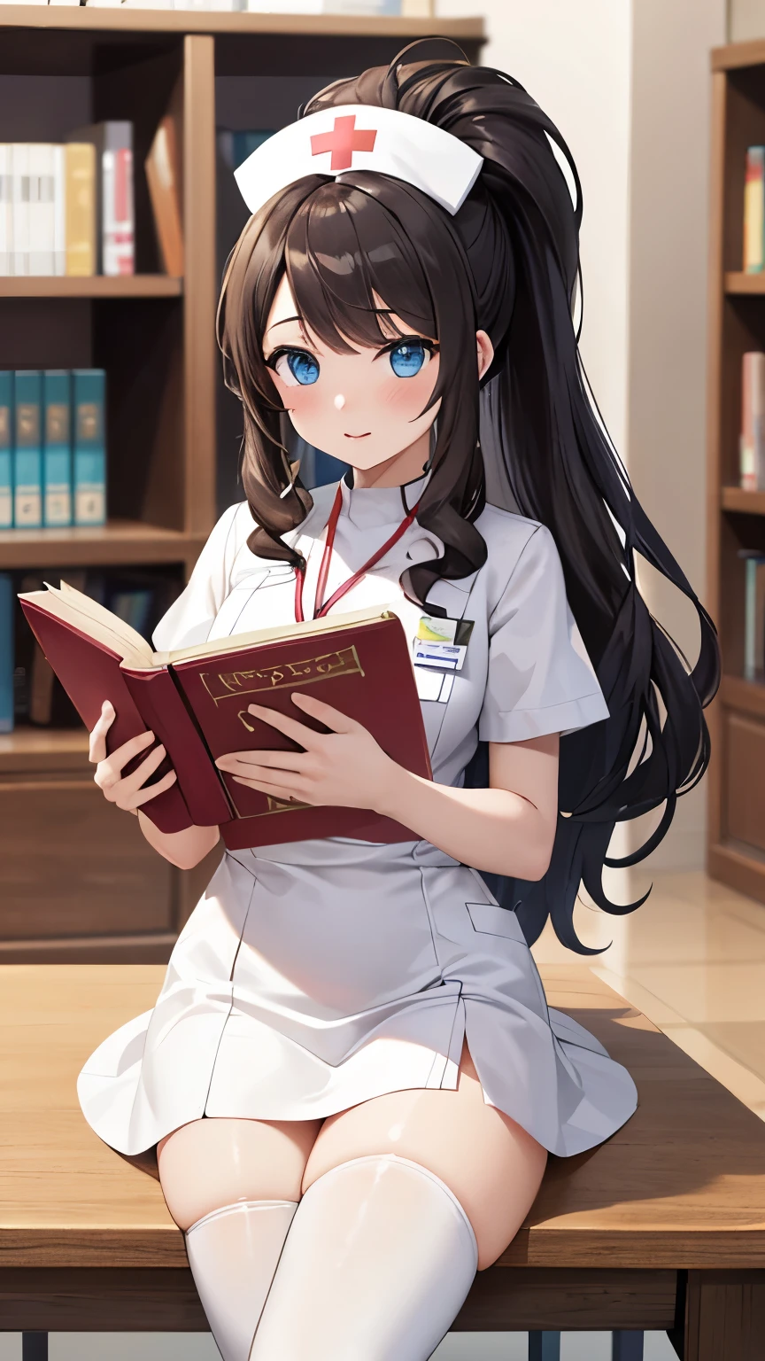 (masterpiece, best quality, detailed), 1girl, solo, looking at viewer, hilda pokemon, high ponytail, long hair, blue eyes, nurse, nurse uniform, white thighhighs, nurse cap, id card, white dress, indoors, library, bookshelf, book, book stack, blush, beautiful detailed eyes