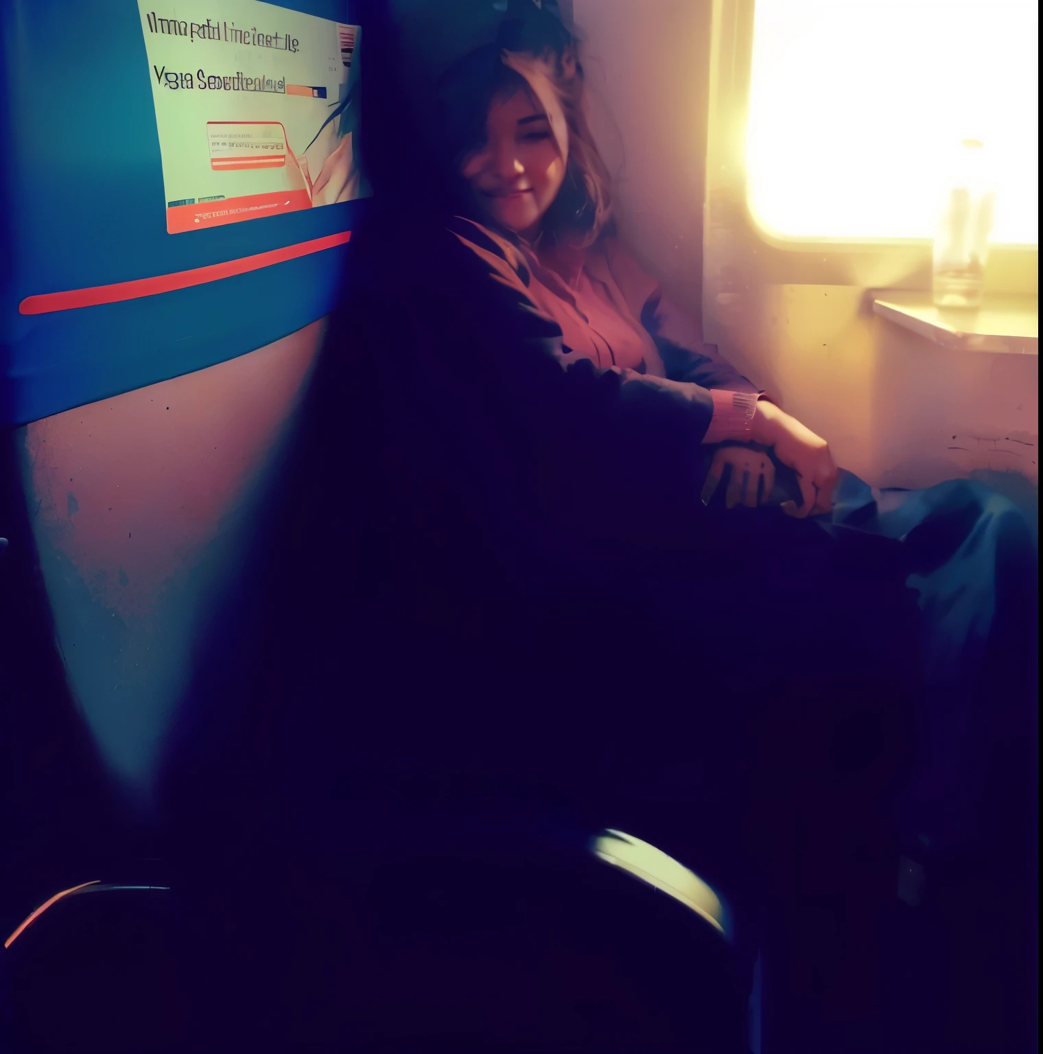 there is a woman sitting on a bus with her legs crossed, sat down in train aile, sitting in office, sitting in a lounge, sitting relax and happy, captured on iphone, sitting down casually, sitting in a waiting room, potrait, not blurry, sitting in chair, in office, in a subway