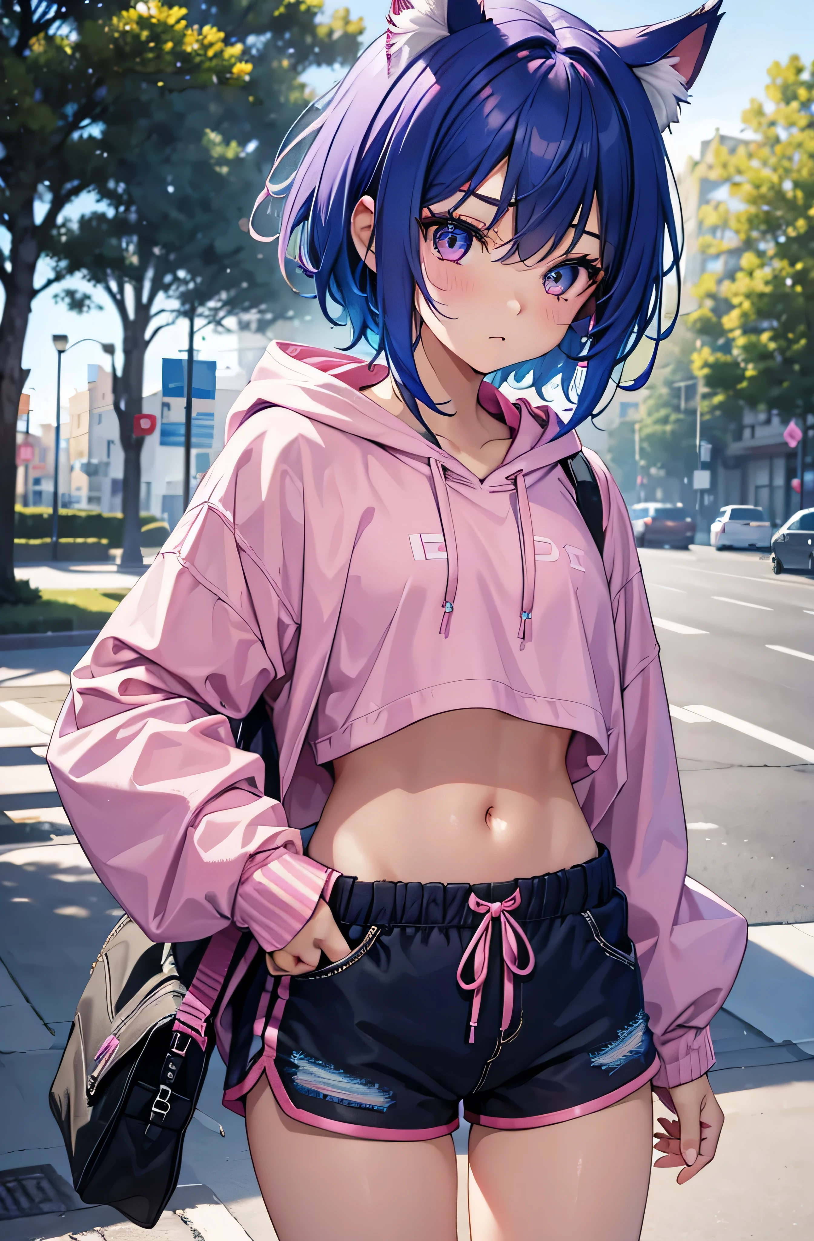 1girl, 8 year old, girl/female/woman, beautiful girl, short blue hair with pink highlights, blue hair, detailed blue hair, pink highlights in hair, pink eyes, detailed eyes, perfect eyes, female figure, wearing shorts, casual sport shorts women, running cotton shorts women, cropped hoodie, cropped-hoodie for woman, cute, cute girl, cat ears, she has cute cat ears, perfect image, 4k image, high resolution, best image, high quality, best image ever, masterpiece [perfect hands, perfect body]
