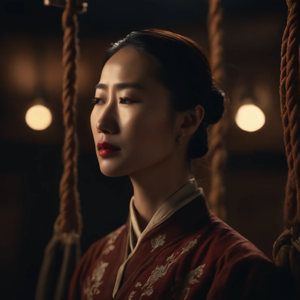 beautiful Chinese woman hanged on death gallow, she is hanging with eyes closed, mouth agape, during the Japanese occupation of Nanjing in 1938, (best quality,4k,8k,highres,masterpiece:1.2),ultra-detailed,(realistic,photorealistic,photo-realistic:1.37),HDR,UHD,studio lighting,ultra-fine painting,sharp focus,physically-based rendering,extreme detail description,professional,vivid colors,bokeh,historical,war photography,somber,dark,dramatic lighting