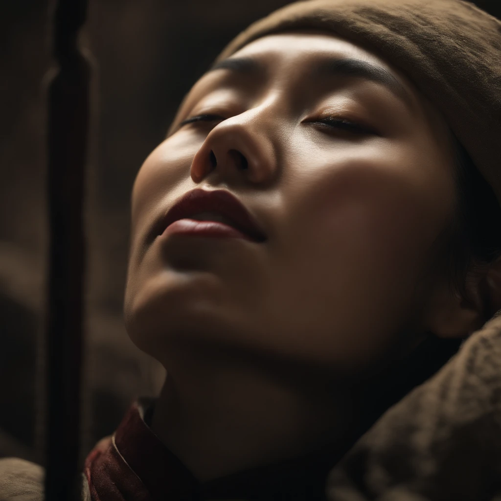 beautiful Chinese woman hanged on death gallow, she is hanging with eyes closed, mouth agape, during the Japanese occupation of Nanjing in 1938, (best quality,4k,8k,highres,masterpiece:1.2),ultra-detailed,(realistic,photorealistic,photo-realistic:1.37),HDR,UHD,studio lighting,ultra-fine painting,sharp focus,physically-based rendering,extreme detail description,professional,vivid colors,bokeh,historical,war photography,somber,dark,dramatic lighting