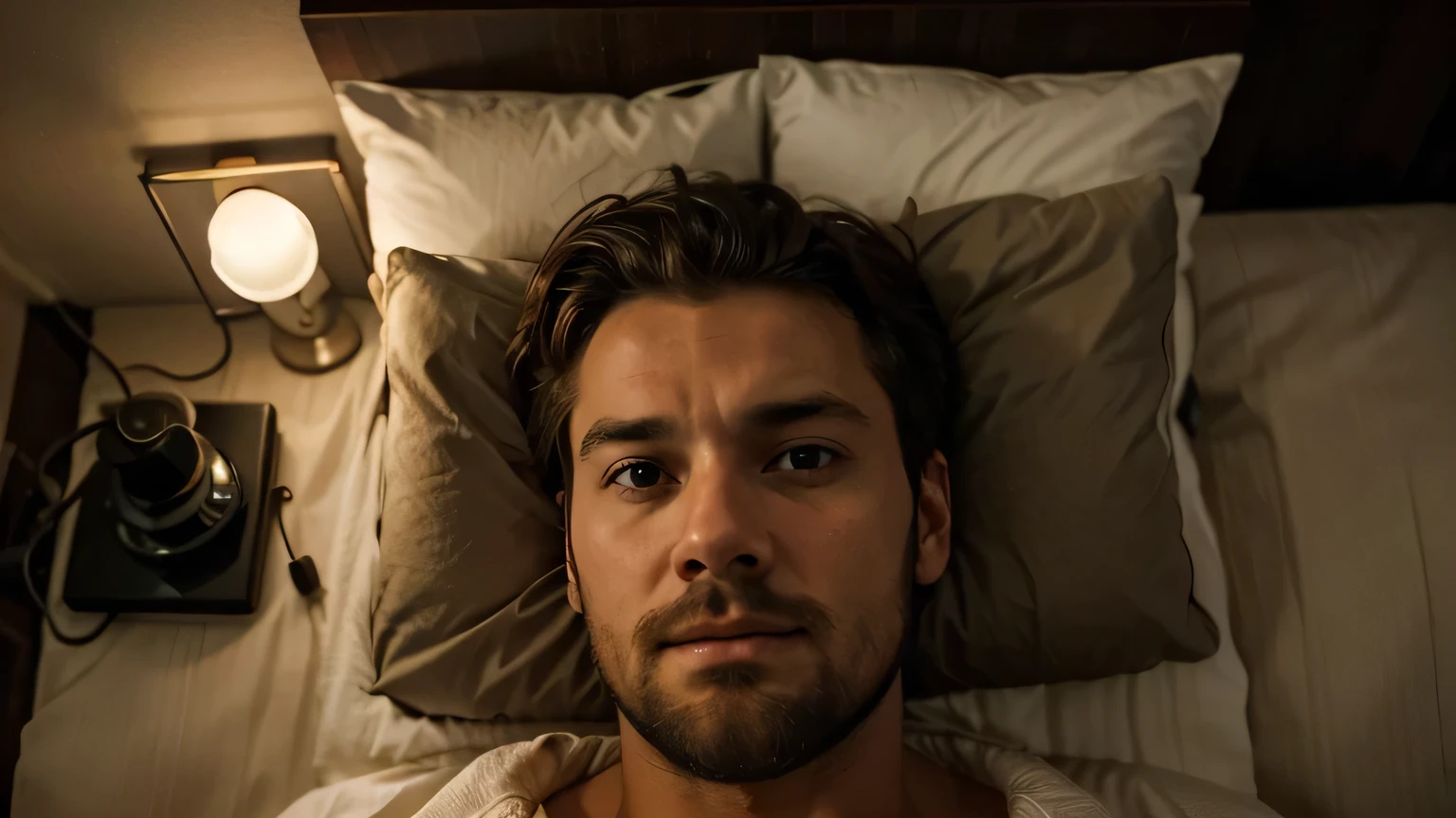 An adult man with a beard is lying in bed, seen from above focusing more on the expressions on his face. It's night and he hasn't slept yet, he looks worried and suffering from insomnia and the man is wide-eyed and desperate. the photo is focused on the man's face and it really is night. the man's room is dark. there are no lamps, the man is wearing a shirt. it's night in the man's room