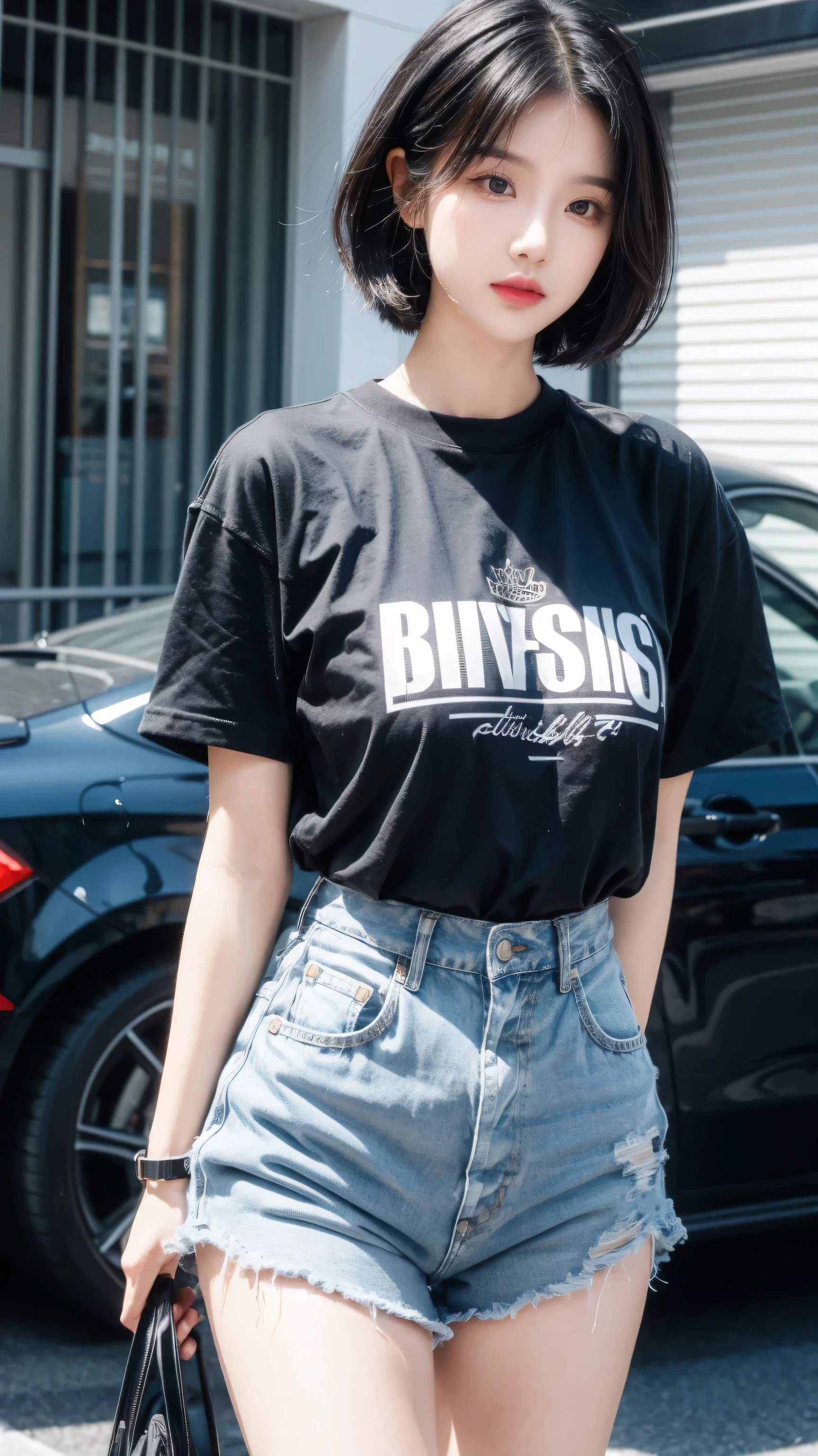 best quality, 1 Girl, dark blue hair, black eyes, Very short hair, Spiky hair, blueoversize t-shirt, High waist short jeans, 171 cm, Messy hair, Hair between the eyes, Medium breasts, full, Tomboy, aldult, 20 years old, 1 Girl near blue motorcycle