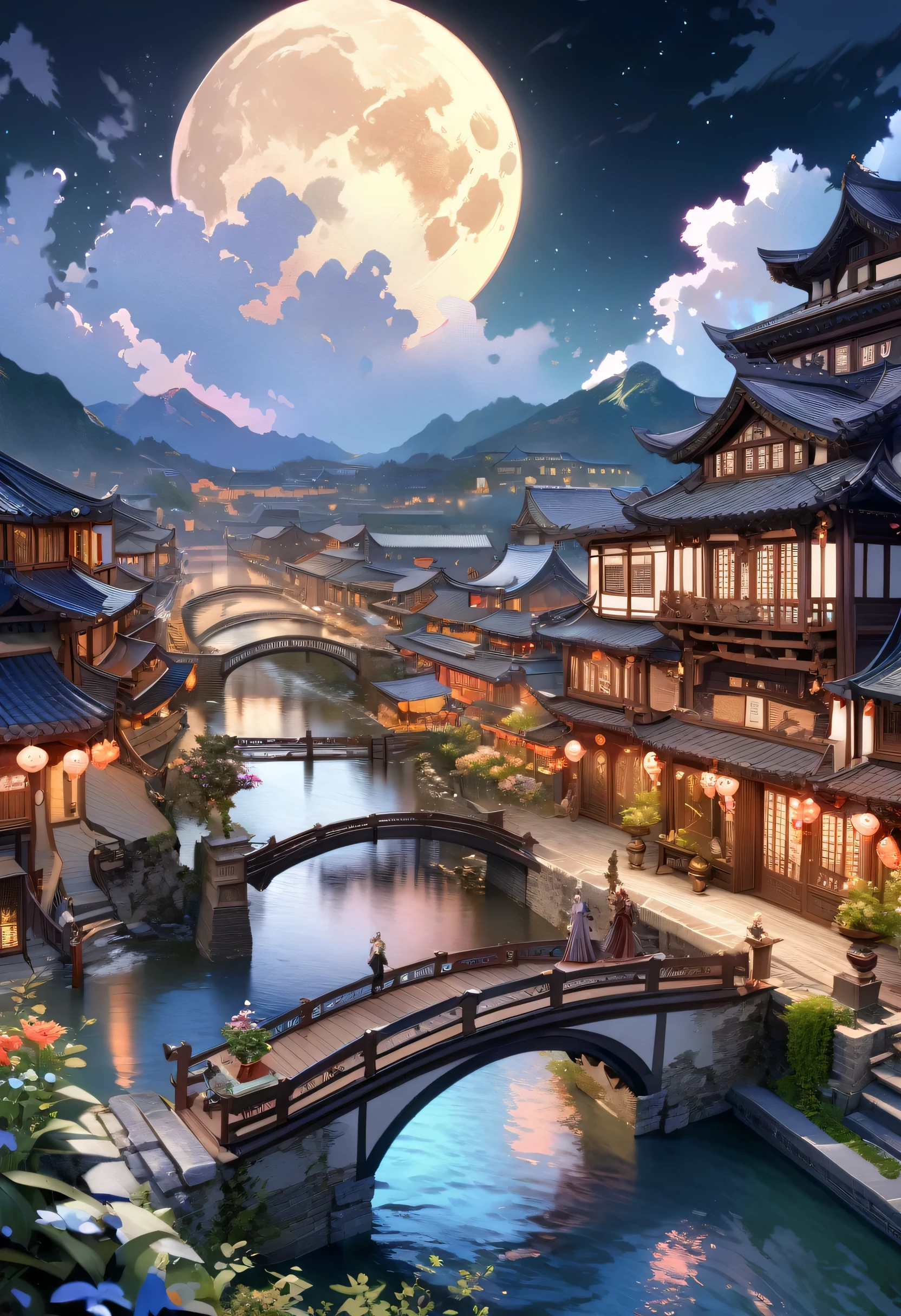 (masterpiece, highest quality, figure, The finer details), ((Highly Detailed CG Unity 8K Wallpaper, High resolution)), High chroma, low brightness, Concept Art, ((unmanned)), (landscape), (Water flow on a small bridge), (Jiangnan Water Town), null, night, (full moon), cloud, Outdoor, architecture, river, Suzhou Garden