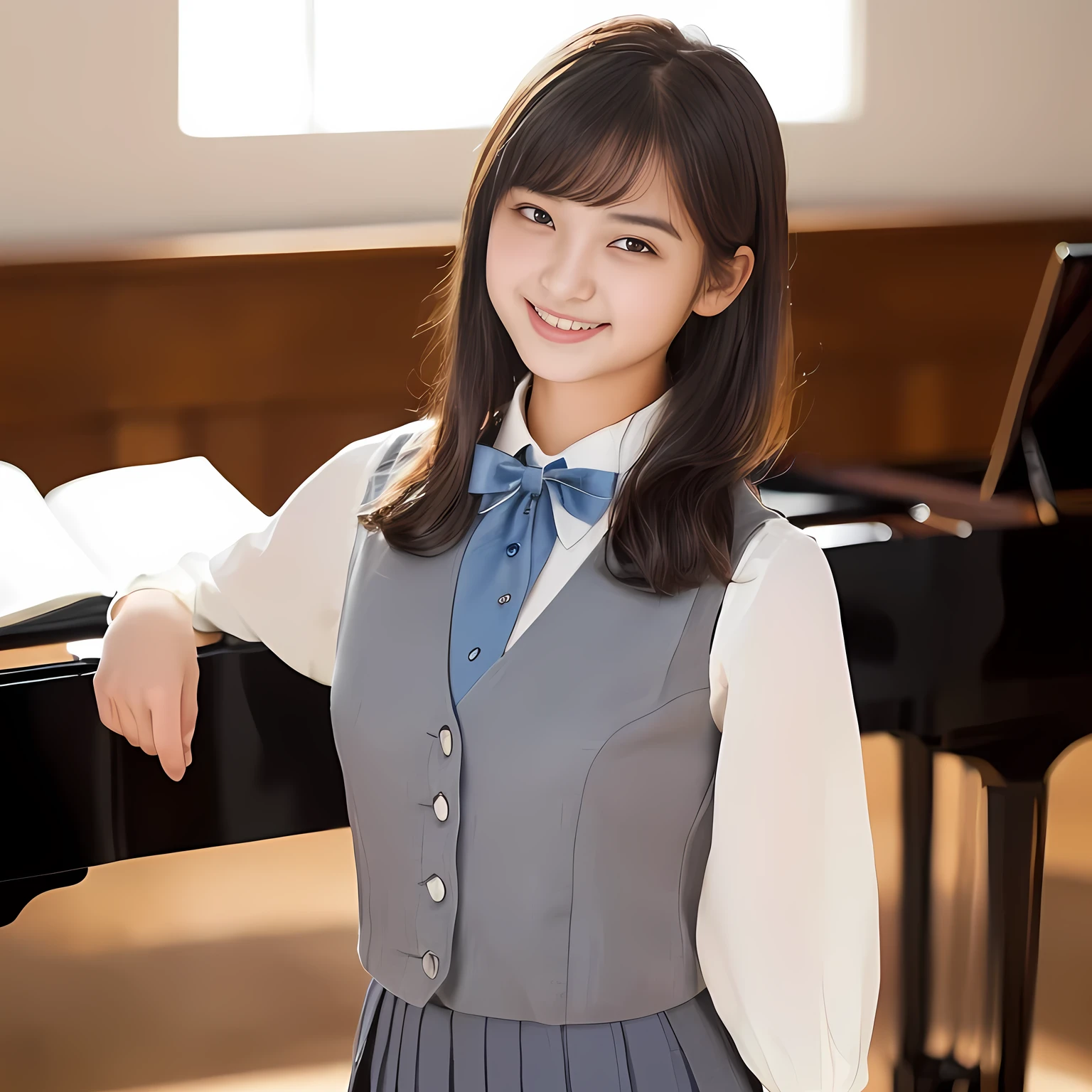 (highest quality, masterpiece:1.2), highest quality, Realistic, photograph, High resolution, 1080p, 8K, Physical Rendering, ((Height: 155cm)), ((((((A 16 year old beautiful Japanese fashion model is looking directly at the viewer)))))), (((big very detailed Japanese beautiful dark brown eyes))), ((((loving and laughing at me!)))), detailed fingers, (((curled blunt bangs))), ((((Very noble and cute eyes, carefully drawn with great attention to detail)))), ((double eyelids)), (((long eyelashes))), ((cute lovely lovely laughing laughing cheeks)), ((The pure white light hits my nose and cheeks. Her eyes and white facial skin shine beautifully white.)), (((Her facial features are very expressive noble smile, very sweet, very intelligent))), ((((blue super-large long ribbon bow tie in plain)))), ((((black very beautiful and very long bobbed hair)))), ((((gray box-pleated school skirt and grey vest)))), box-pleated school skirt, ((((A ivory blouse with puffed sleeves)))), ((Classical orchestra concert hall)), ((complexion lightening)), ((Full body shot)), ((chorus singer)), loafers