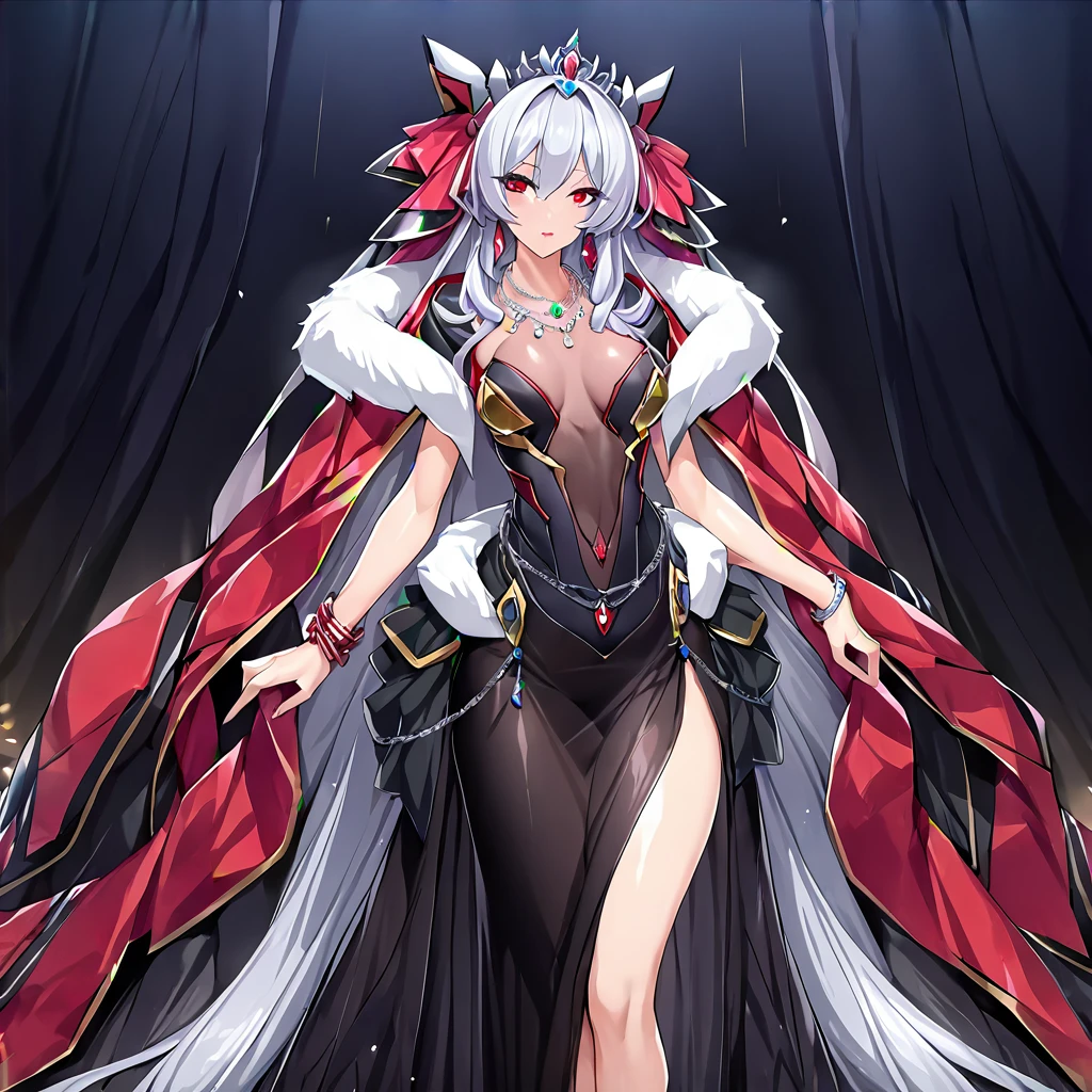((highest quality)), ((masterpiece)), (detailed), (Perfect Face)、The woman is Extia and has long silver hair.、She has red eyes, a gorgeous black long slit see-through dress that shows off her skin, a see-through cape with fur, a jeweled necklace, a tiara, earrings, a head dress-up chain, a waist chain, bracelets, anklet, etc.々She wears lavish jewelry and shiny black boots.