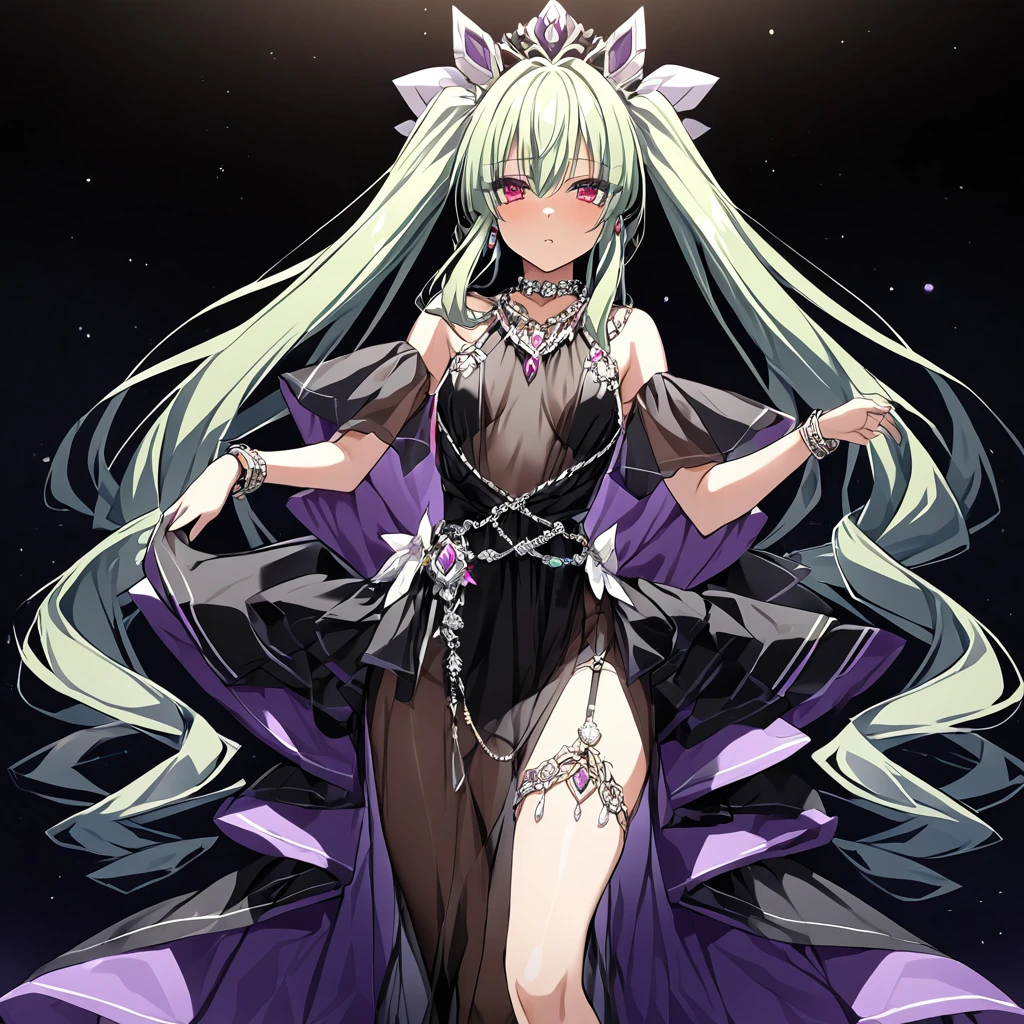 ((highest quality)), ((masterpiece)), (detailed), (Perfect Face)、The woman is Extia Flora, with silver, semi-long twin-tails.、She has red eyes, a gorgeous black long slit see-through dress that shows off her skin, a see-through cape with fur, a jeweled necklace, a tiara, earrings, a head dress-up chain, a waist chain, bracelets, anklet, etc.々She wears lavish jewelry and shiny black boots.