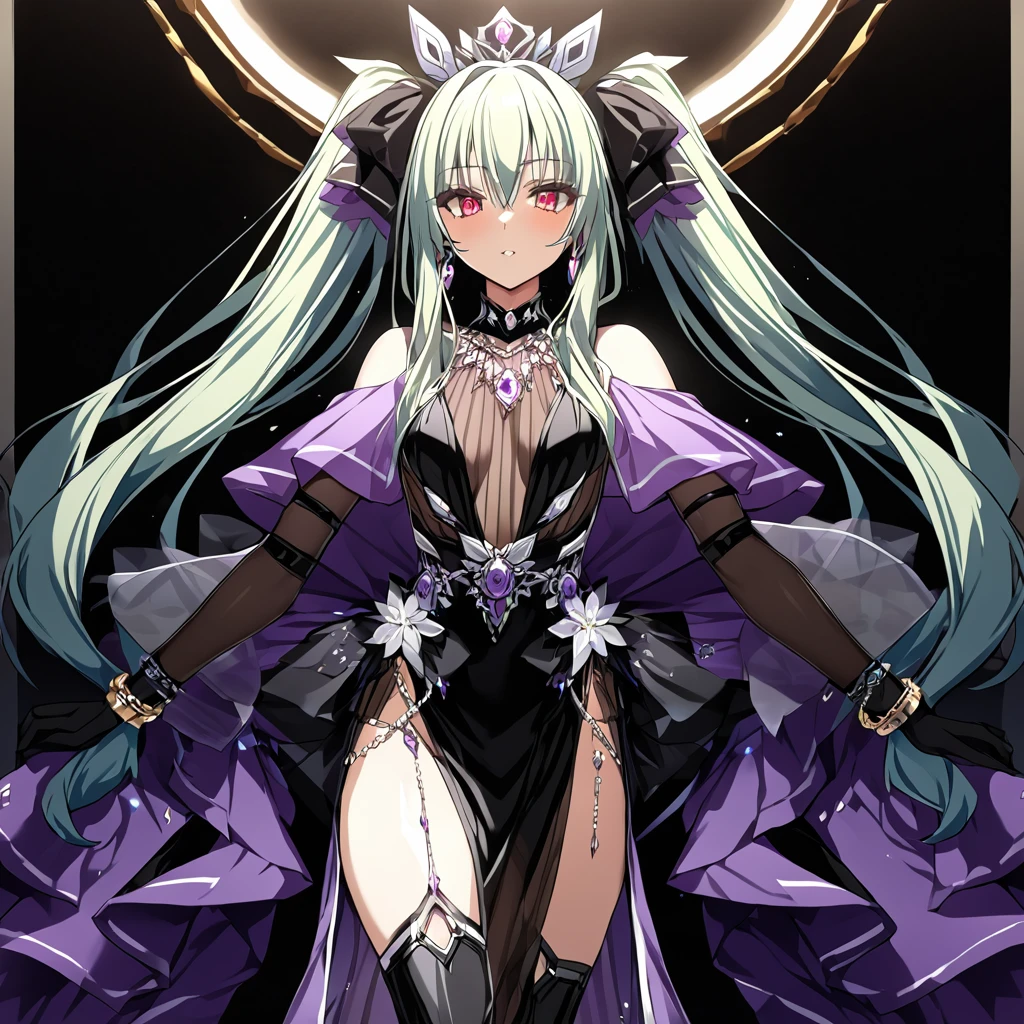 ((highest quality)), ((masterpiece)), (detailed), （Perfect Face）、The woman is Extia Flora, with silver, semi-long twin-tails.、She has red eyes, a gorgeous black long slit see-through dress that shows off her skin, a see-through cape with fur, a jeweled necklace, a tiara, earrings, a head dress-up chain, a waist chain, bracelets, anklet, etc.々She wears lavish jewelry and shiny black boots.