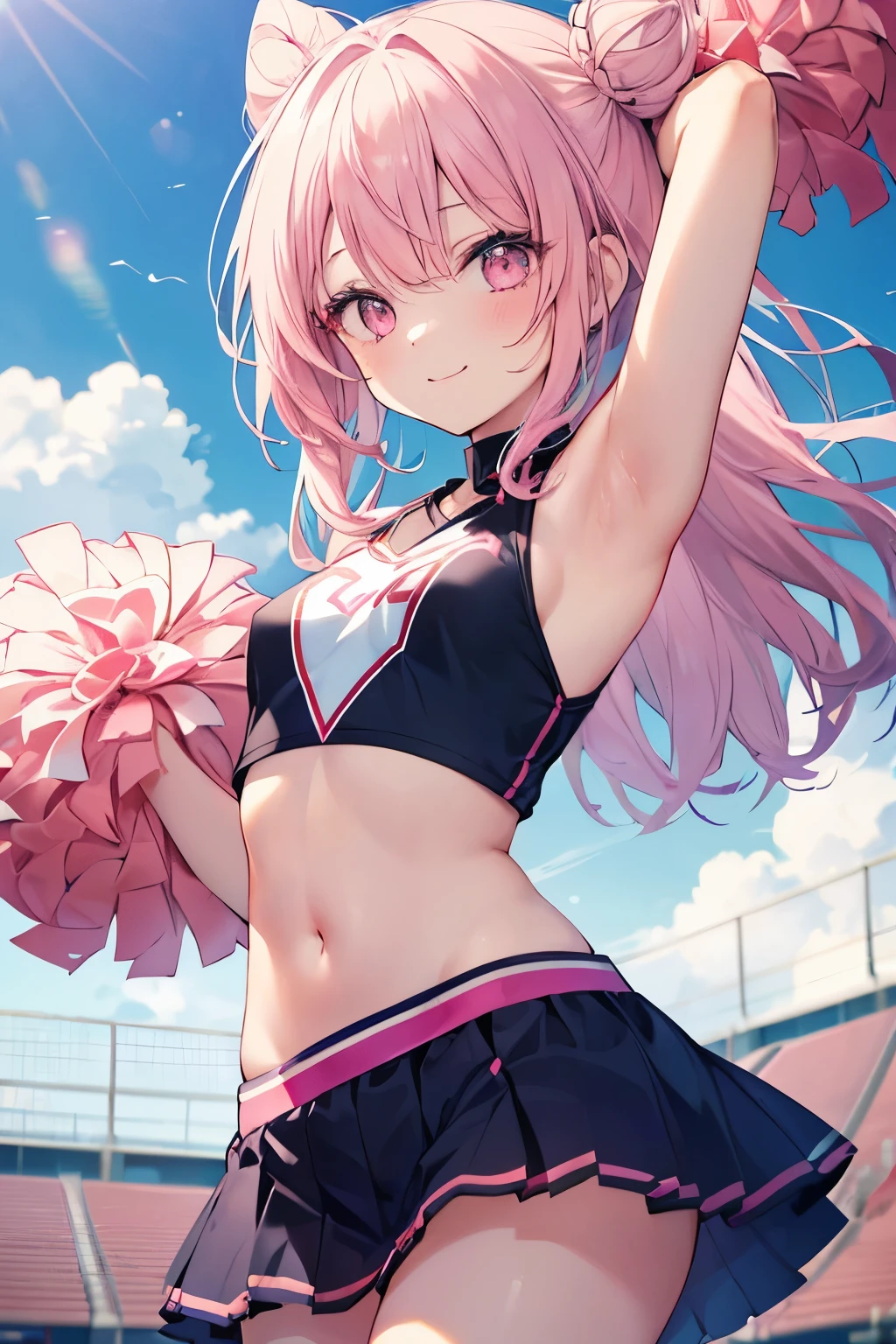 Pink Hair、Pink Eyes、girl、Small breasts、Hair Bun、girl、Small breasts、Lolita、Bright smile、Looks about 15 years old、Petan Musume、short、目のhighlight、Sexy thighs、Cheerleader、Please show me your armpits、Your eyes are so beautiful、highlight
