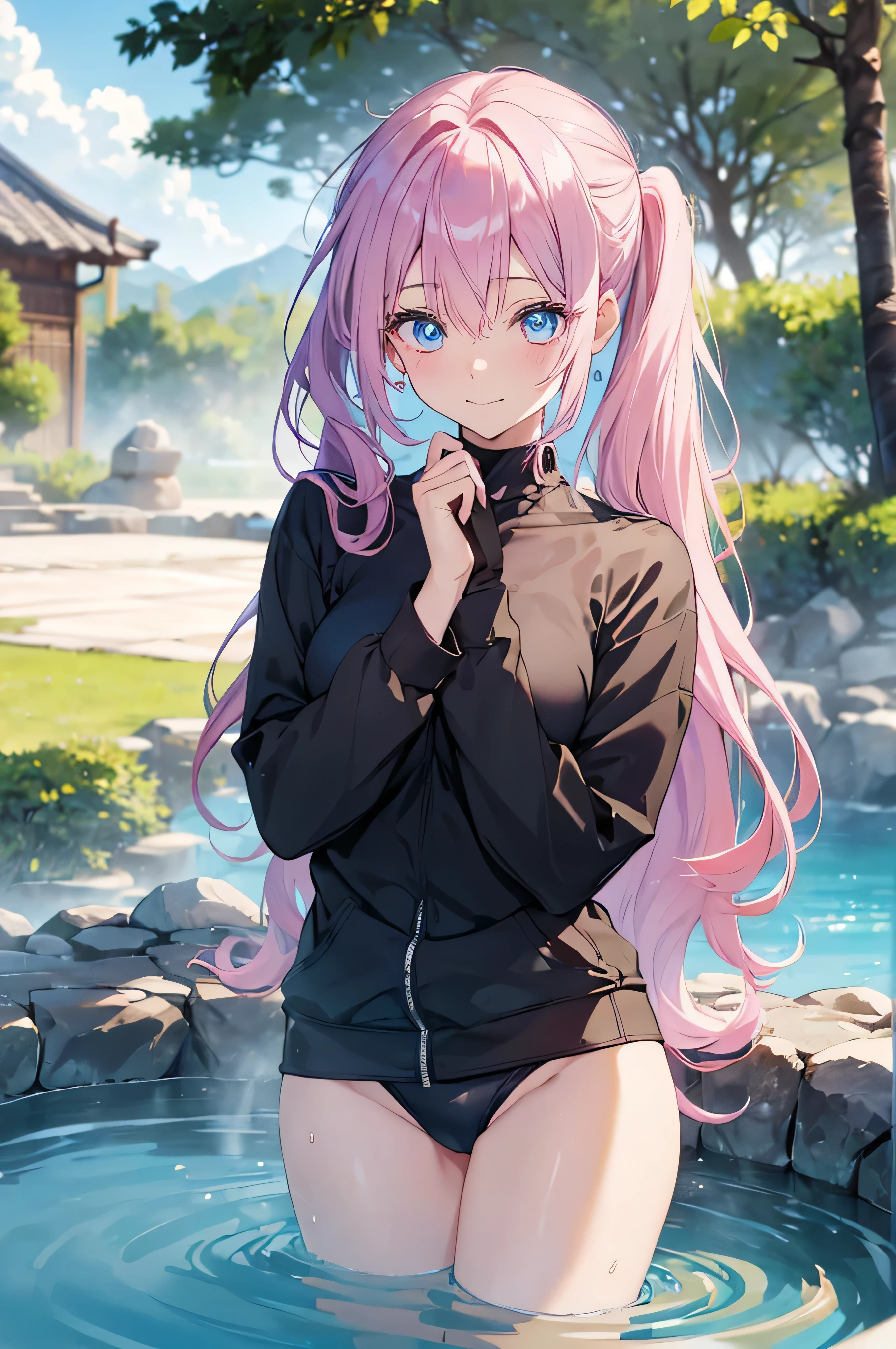 Miyakoshiki Shikimori, Shikimori Miyako, long hair, blue eyes, hair between eyes, pink hair, break long sleeves, side ponytail, micro bikini、string bikini、swimsuit、Ocean、Take a break to watch the audience, break indoors, classroom, break (masterpiece:1.2), highest quality, High resolution, unity 8k wallpaper, (figure:0.8), (detailed and beautiful eyes:1.6), highly detailed face, perfect lighting, Very detailed CG, (perfect hands, perfect anatomy)、shy smile、closed mouth、(large hot spring bath:1.2)、(vapor:1.2)、(Blur the background to make the woman stand out:1.3)、(background flowers)、(sunlight shines in)