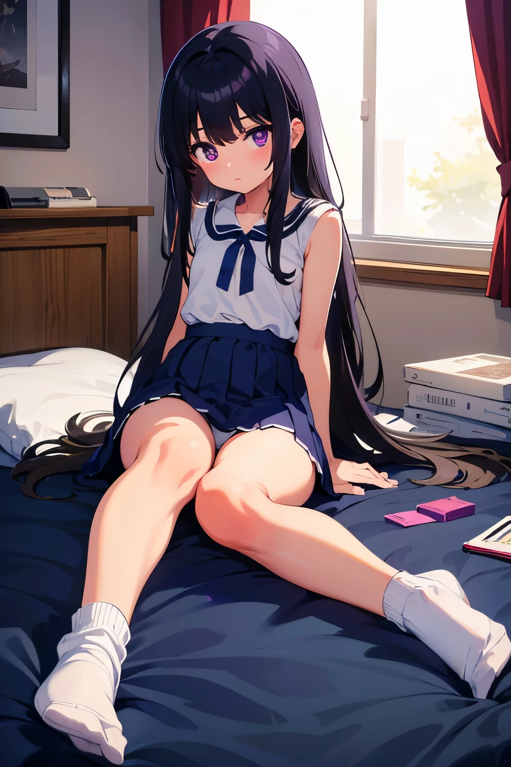 A dimly lit, messy room. An girl, 8 years old, flat cck hair, long hair, purple eyes. (one person) Plain white upper body, short sleevesTShirt, navy blue miniskirt, white panties((I can see her panties)) White socks Otaku's room Books and clothes are scattered on the floor Sitting on the floor There are books, clothes, and panties scattered around. Dynamic Angle