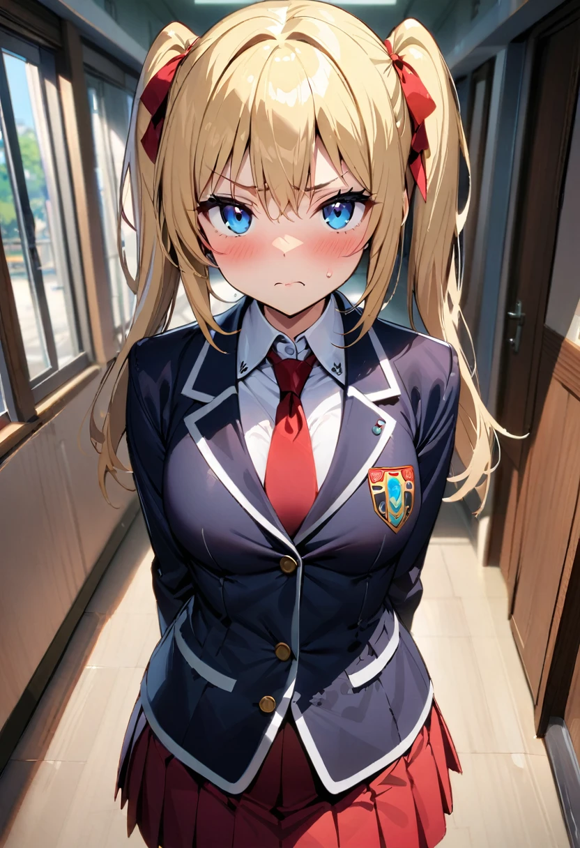 masterpiece, highest quality, Very detailed, High resolution, An expensive solution, Anime High School Girl, One girl, Blonde Hair, blue eyes, Twin tails, Medium chest, Wide Hips, Black blazer, Red pleated skirt, Frowning, Panicked, View Viewer, Standing in the hallway of the school