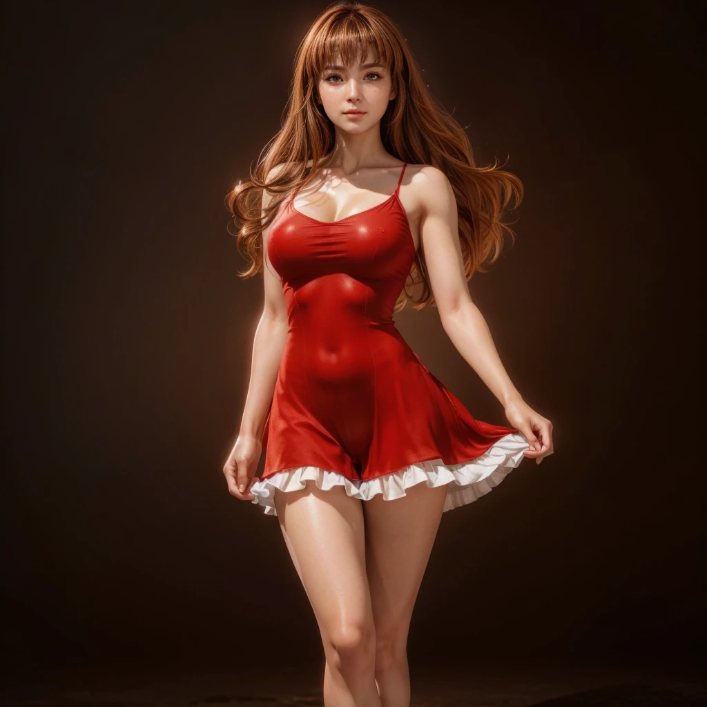 Kasumi, brown eyes, (best quality, ultra-detailed), (realistic:1.37), beautiful and detailed face, ultra-realistic texture, delicate face, delicate body, red lipstick, bright colors. High definition, 8K. athletic body, cute smilling