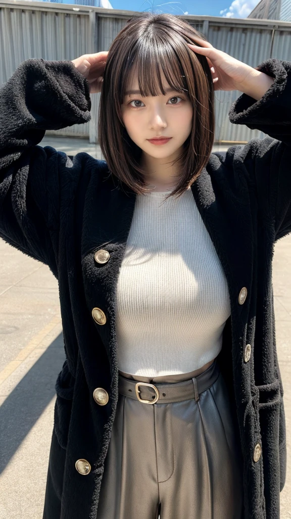 With bangs,Beautiful black hair,Woman with straight medium bob cut,,,21-year-old female,(((No hat))),Aspacarina,((Shy expression)),huge breasts,,Very beautiful eyes, ,(((Wearing a tattered black coat))),,(make:1.4),Big eyes,Hip Hop Dancer,Gangster style long pants,8k,High resolution,Gangster style,(head shot:1.5)