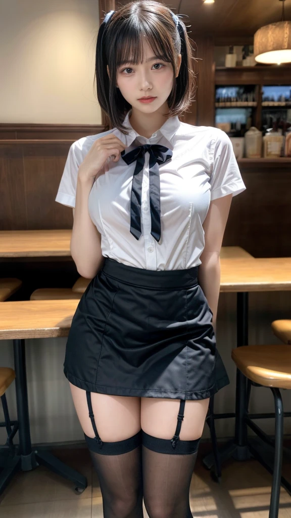 masterpiece, best quality, illustration, Super detailed, fine details, High resolution, 8K,wall paper, perfect dynamic composition,(Details High quality, realistic depiction of eyes:1.3), waitress uniform, restaurant, huge breasts, short bob hair、black hair color, Big Natural Color Lip, (perfect body shape), crying a little、cold gaze, Harajuku style、20 year old girl、cute type、lolita、beautiful legs, focus on crotch, full body photo, gravure idol