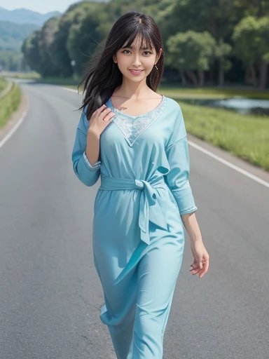 a lot of details, (slender waist), 30 years old, detailed black hair, beautiful detailed hair, super fucking beautiful, complex details beautiful and delicate eyes, perfect hands, (small breasts best quality), perfect and delicate limbs, detailed skin, best quality, ultra-detailed,(cheerful grin:1.3),
(full body shot:1.1), lake, road, blissful, walking, flipped hair, (open tuck, finely detailed cloth, aqua Clothes,:1.2), on the road, (walking along the road along the lake:1.3),with a flower, chill atmosphere, long shot, front view, ground-level shot, sunrise