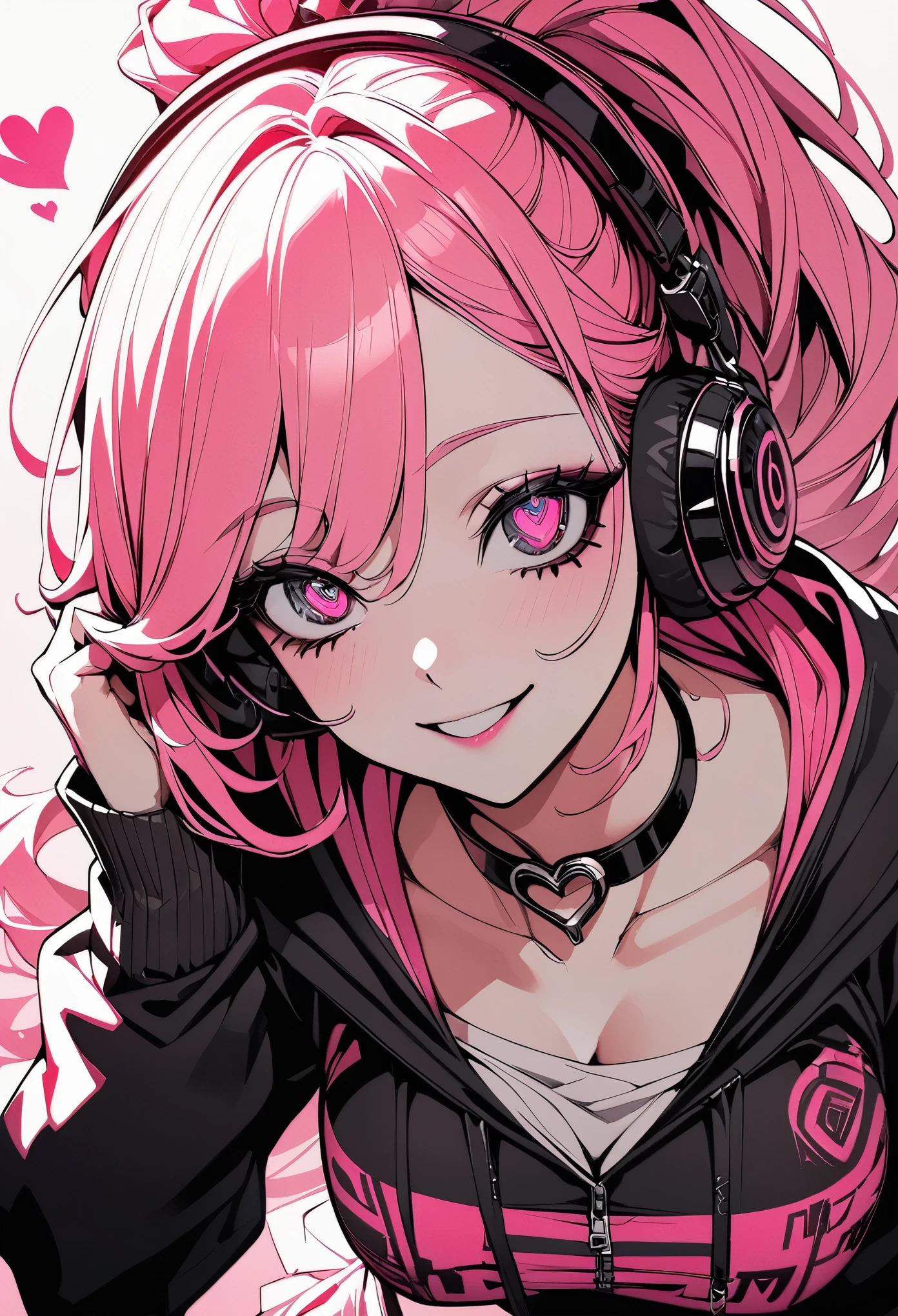 (highest quality:1.2, Very detailed, Latest, Vibrant, Super detailed, High Contrast, masterpiece:1.2, highest quality, Best aesthetics, aesthetic: 1.2), woman, Pink Long Hair, Beautiful breasts, DJ, (Pink detailed eyes, Beautiful Eyes), smile, Light background , Heart-shaped choker, (Pop Art), colorful,Pink long ponytail hair, Eye of the symbol, +__+, Hip-hop costumes, listening to music on headphones, Looking up, DJ Style, 