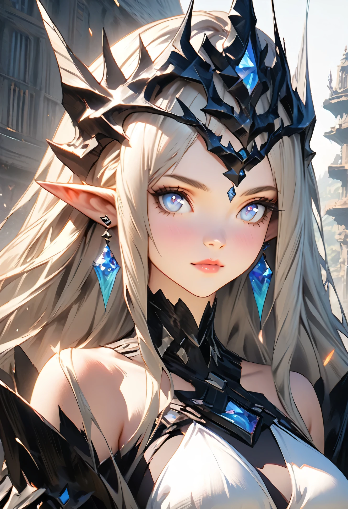 A woman with long hair and a sword on the street, elf girl, 2. 5D CGI anime fantasy artwork, female anime character, elf queen, elf portrait, from arknights, hot topics on artstation pixiv, charming elf princess knight, portrait of Elf Queen, detailed digital anime art, guweiz on pixiv artstation, low-cut top, plump breasts, 8K high quality, long red earrings with sapphires, beautiful eyes and pupils, long eyelashes