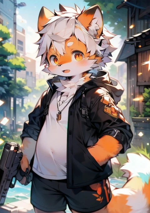 (Red Panda,Orange pupils,Orange and white fur,Lovely,Lively,horny boy,Orange and white hair,Orange and black trench coat,energetic and cute,shorts, wind element,hairy),Digital artwork with light effects.a boy,single anthropology,hairy的,Rounded figure,fat,Gun in right hand(digital media \(artwork\):1.2),(Hello,It's notHellong,H:1.2),Perfect anatomical structure,Anatomically correct,detailed,detailed face,detailed eyes,(Realistic hair,detailed fur:1.25),detailed background,Amazing background. rest (author:Puinki \(artist\):1.2)