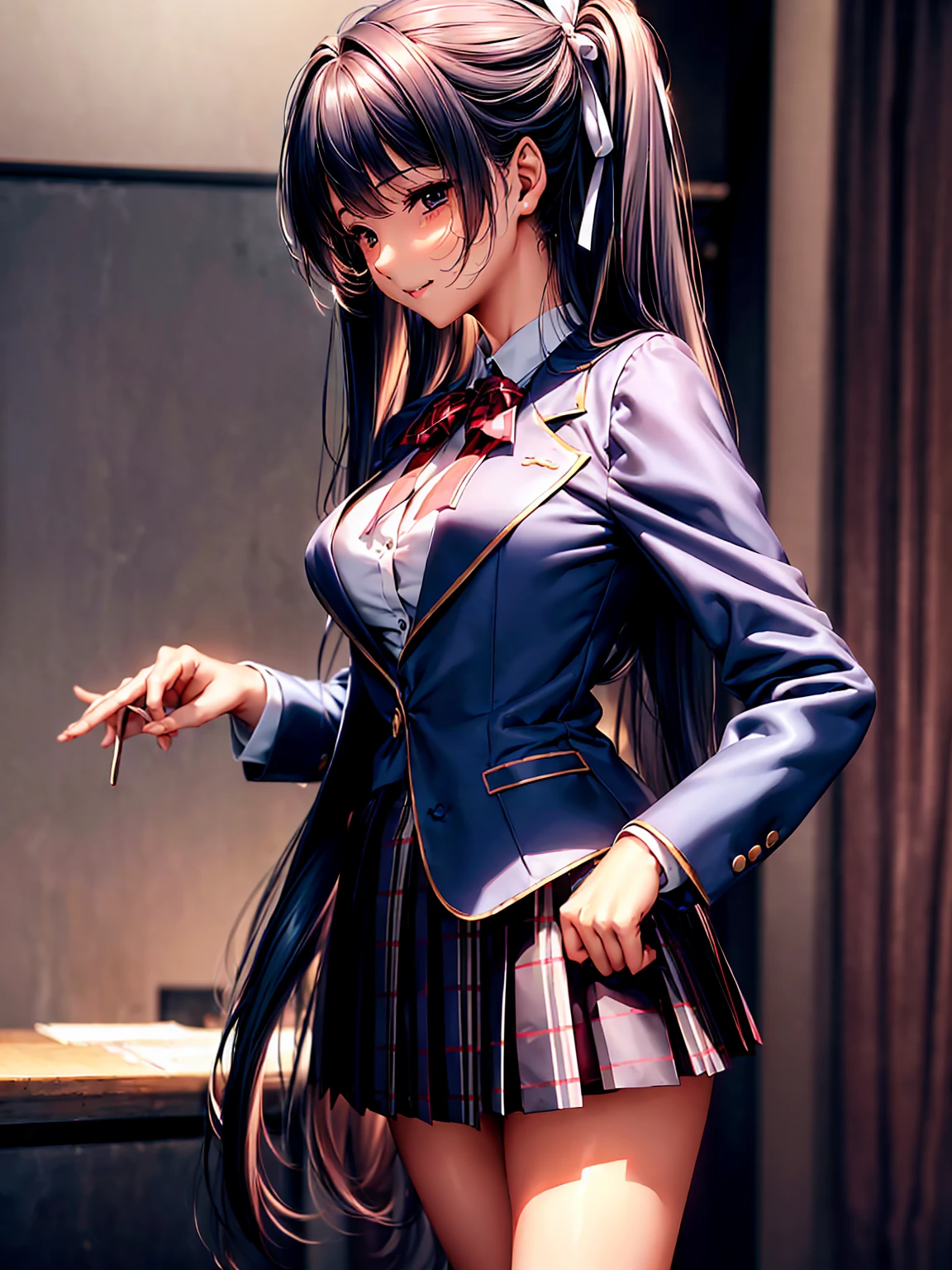 (((highest quality、masterpiece、Very high resolution、非常にDetailed Images)))、One beautiful beautiful girl:Talented and colorful:18-year-old,Beautiful body:Slender and beautiful F cup breasts、Beautiful Face:smile、Beautiful Hair:Mr.々Hair style,Best skin and hair texture、(((High School Uniform:White shirt:ribbon:Navy Blue Blazer:Checkered pleated skirt))),School:classroom、Student Council President,Beauty Painting,Overall image、Beautiful images,Accurate Images、Accurate anatomy、Flawless images,Perfect Image,Overall image,(Best Shot,RAW Photos:1.2) Tabletop, highest quality, Photorealistic, In detail, 8k wallpaper, Perfect dynamic composition,Detailed Images、