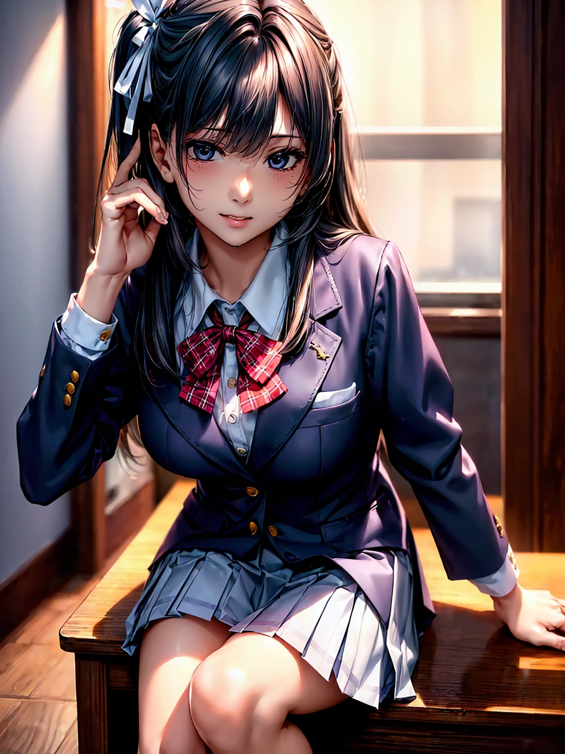 (((highest quality、masterpiece、Very high resolution、非常にDetailed Images)))、One beautiful beautiful girl:Talented and colorful:18-year-old,Beautiful body:Slender and beautiful F cup breasts、Beautiful Face:smile、Beautiful Hair:Mr.々Hair style,Best skin and hair texture、(((High School Uniform:White shirt:ribbon:Navy Blue Blazer:Checkered pleated skirt))),School:classroom、Student Council President,Beauty Painting,Overall image、Beautiful images,Accurate Images、Accurate anatomy、Flawless images,Perfect Image,Overall image,(Best Shot,RAW Photos:1.2) Tabletop, highest quality, Photorealistic, In detail, 8k wallpaper, Perfect dynamic composition,Detailed Images、