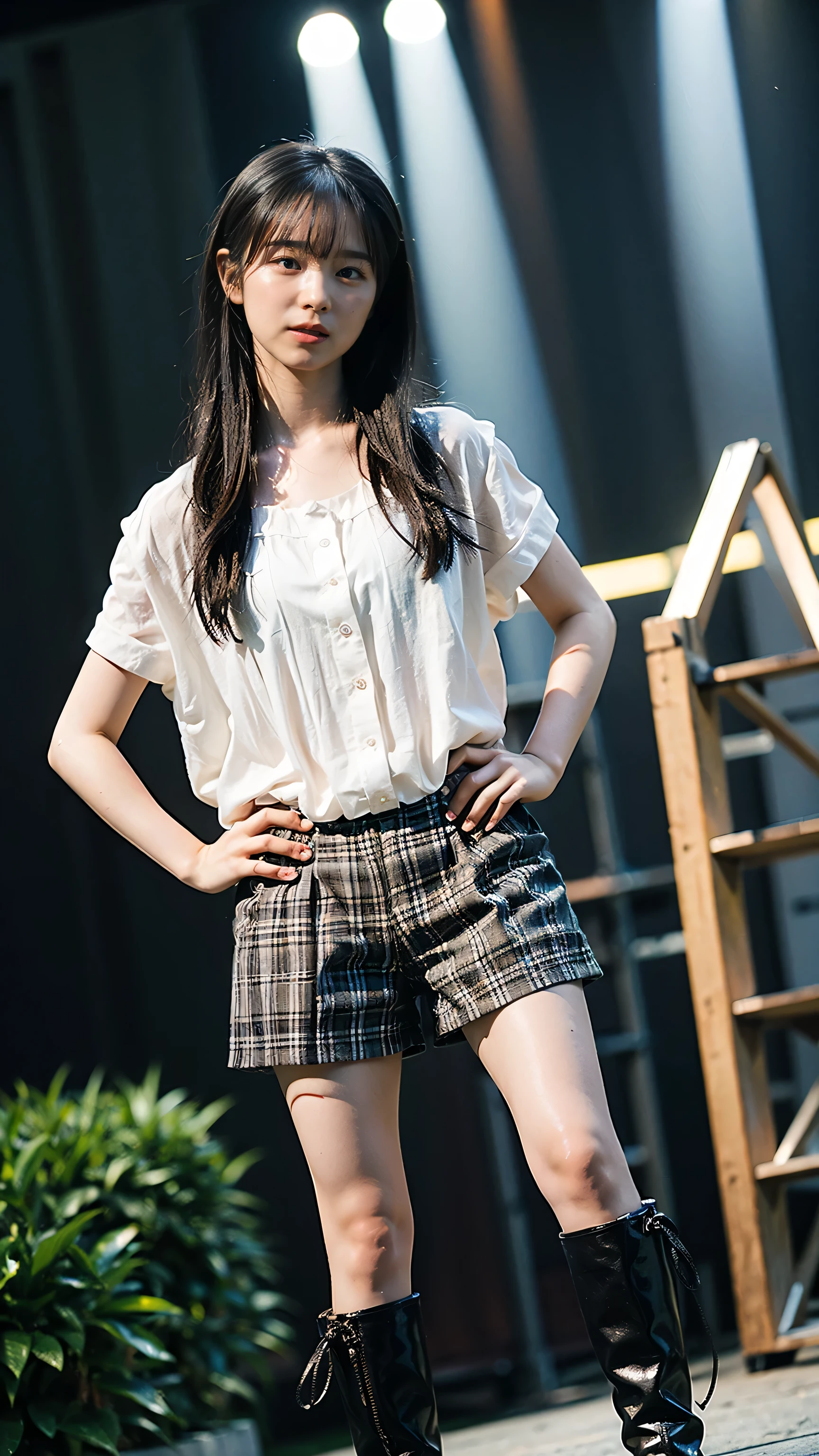 (8k、RAW Photos、highest quality、masterpiece:1.2)、(Realistic、Realistic)、1 girl、((black and white check shorts、shirt、Off the shoulder、Frills、ribbon、See-through、stage、Spotlight、View from the front、boots、Standing with hands on hips))、