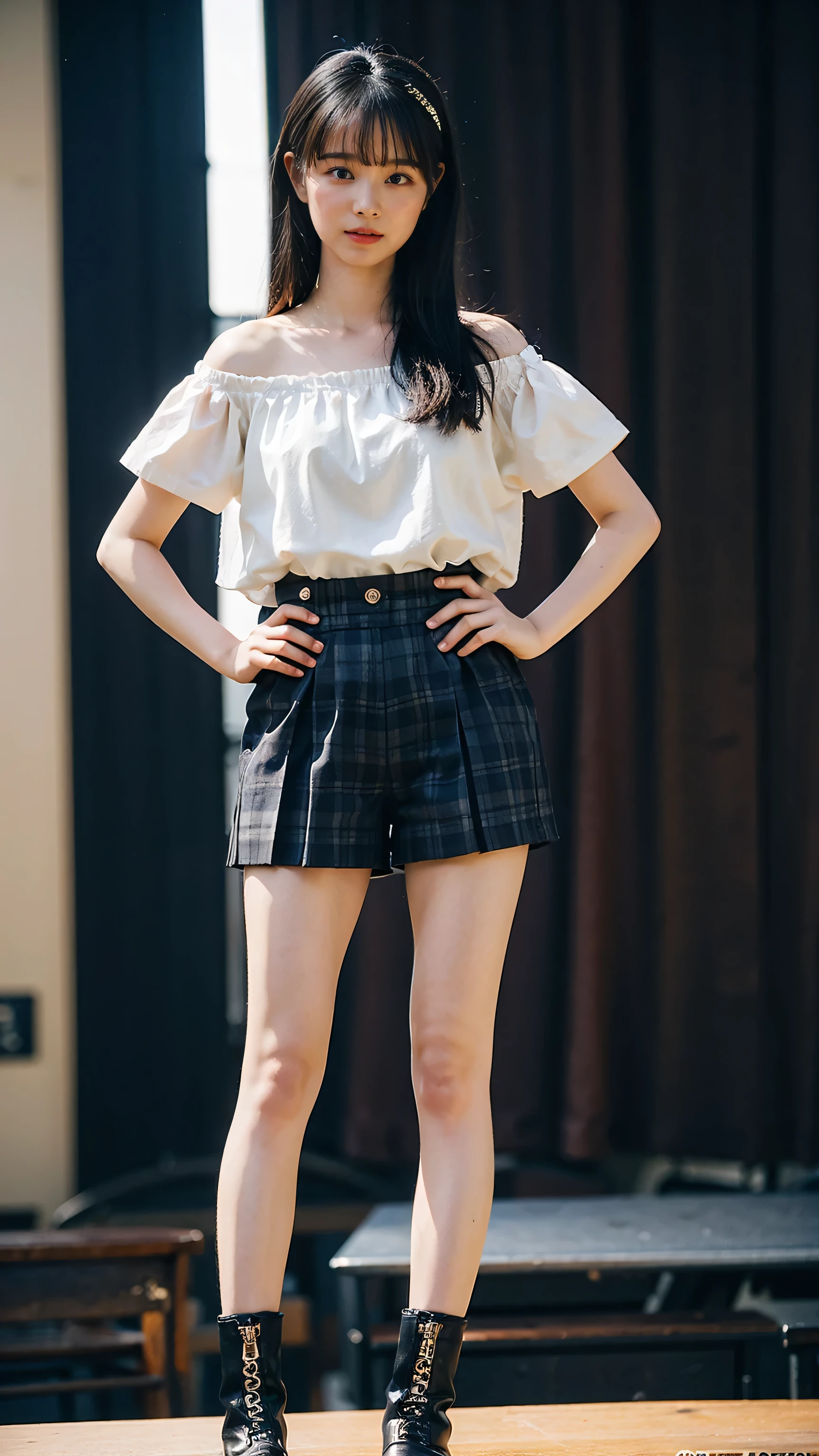 (8k、RAW Photos、highest quality、masterpiece:1.2)、(Realistic、Realistic)、1 girl、((black and white check shorts、shirt、Off the shoulder、Frills、ribbon、See-through、stage、Spotlight、View from the front、boots、Standing with hands on hips))、