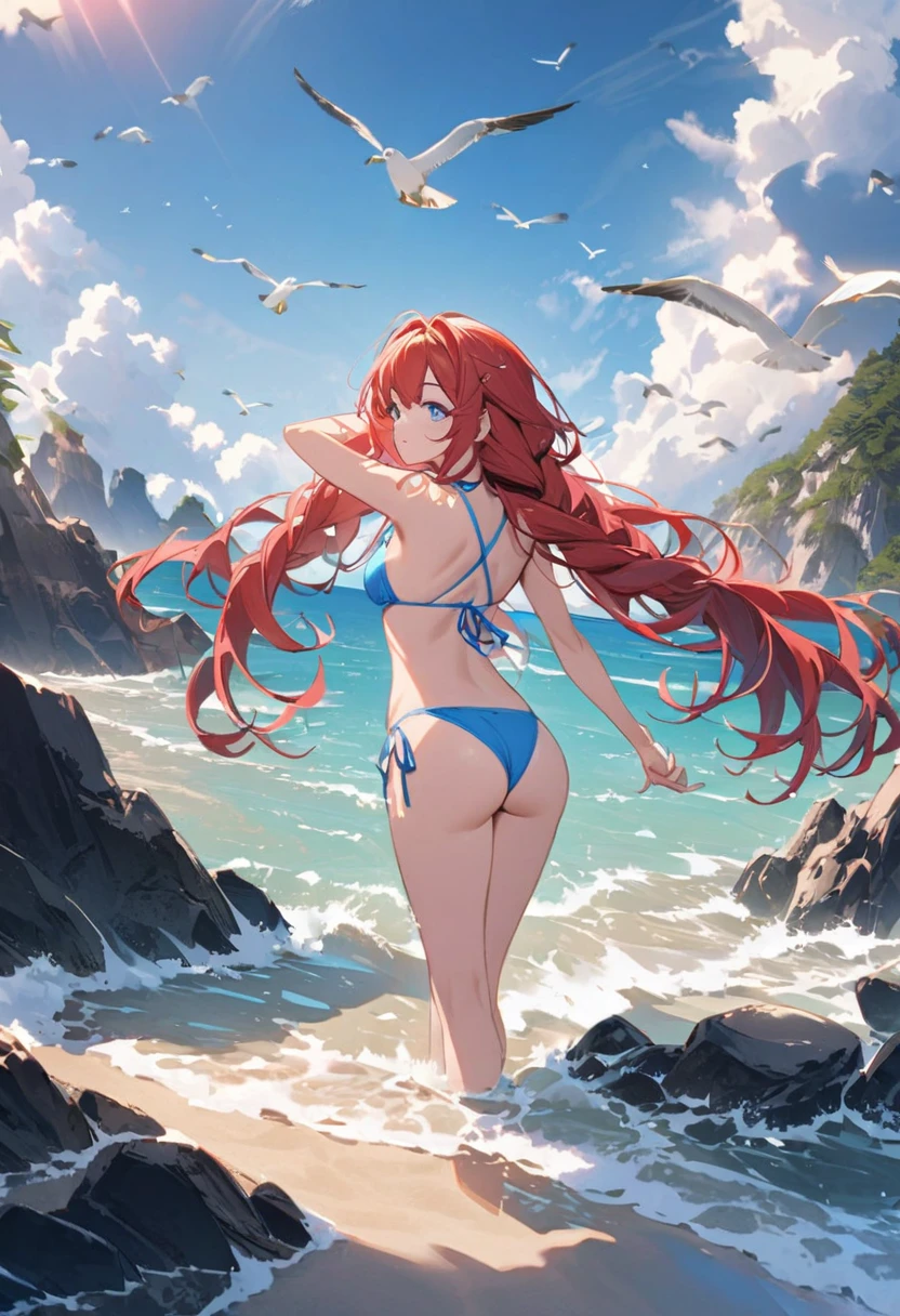 girl with wavy red hair braided r blue eyes with blue bikini and white thong with bow on the side with hands raised holding the hair on the back of the head on the seabed of a paradisiacal beach with seagulls flying mountains