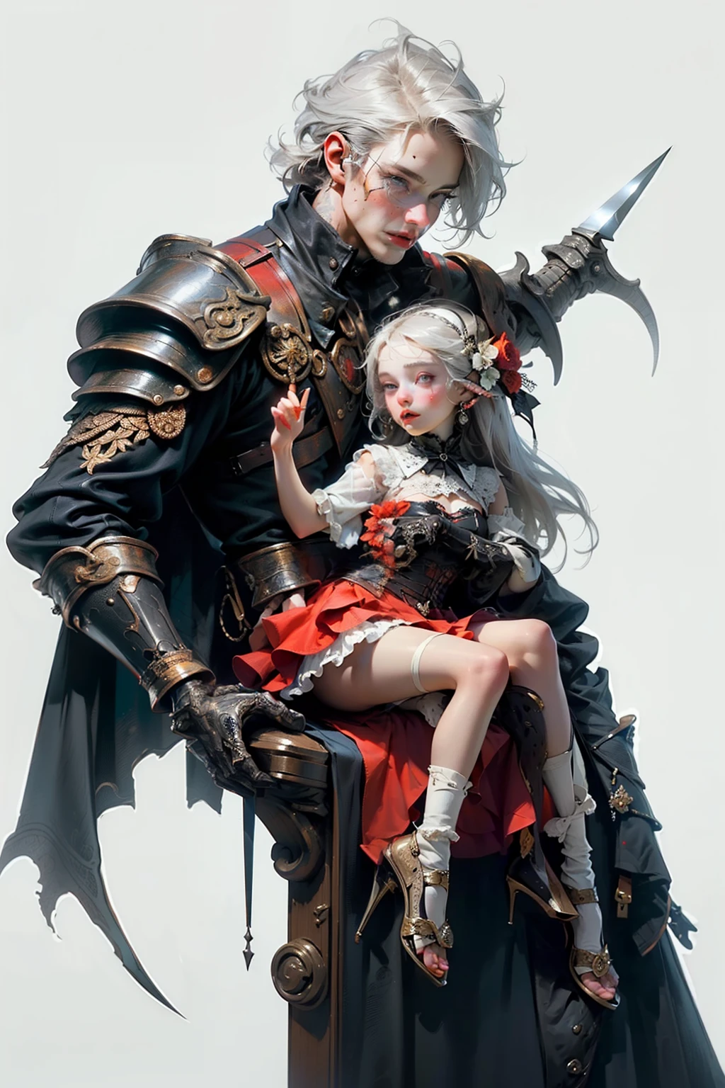 mpts
Copy
(((masutepiece, of the highest quality, super detailed))), hand drawn style, hand painted style, watercolour, sketch, a knight, white background, plain background, Bloodborne inspired, tatty Bloodborne attire, occult aesthetic, occult, tatty red and white clothing detailed and intricate steampunk and detailed gothic lolita (with a hood), diadems, long coat, very thin long legs, Complex laced boots, Fluttering lace flared long knee length dress with frilly petticoats, long dress, knee length dress, petticoats gothic lolita, beautiful small breasts, (((( Highly detailed face))), small thin nose, Small thin lips mouth, (((Very sharp focused eyes))), Very large slit precision pale grey eyes that shine like jewels. very long eyelashes, Silver hair swaying in the wind, Emitting a dazzling light in a mandala pattern, white background, Very dramatic and cinematic lighting, tatty damaged old red and white clothing, full body, whole body, body, cosmic horror, grim dark