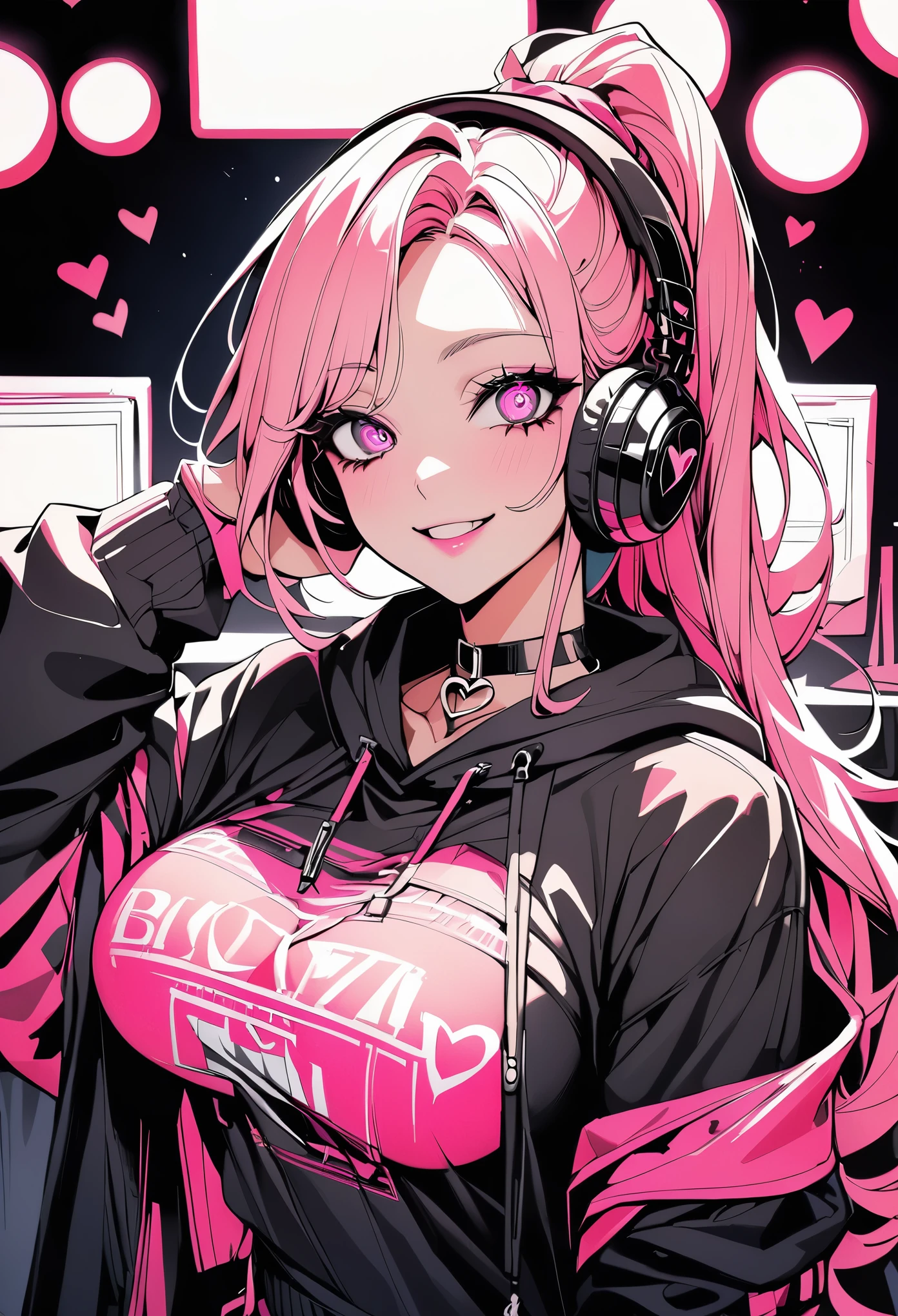 (highest quality:1.2, Very detailed, Latest, Vibrant, Super detailed, High Contrast, masterpiece:1.2, highest quality, Best aesthetics, aesthetic: 1.2), woman, Pink Long Hair, Beautiful breasts, DJ, (Pink detailed eyes, Beautiful Eyes), smile, Light background , Heart-shaped choker, (Pop Art), colorful,Pink long ponytail hair, Eye of the symbol, +__+, Hip-hop costumes, 