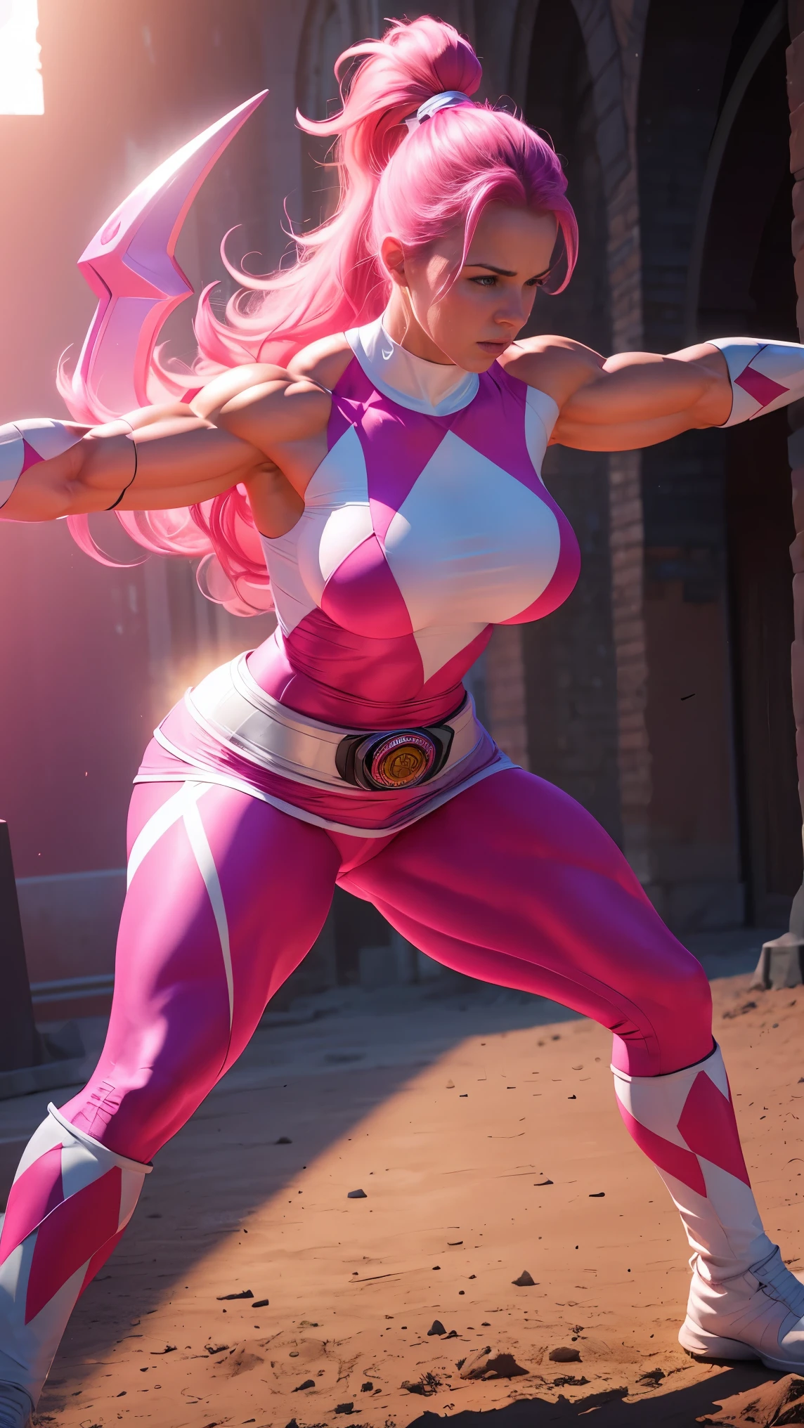 a muscular woman with large breasts, athletic body, pink hair, power ranger costume, dramatic lighting, fantasy, digital art, highly detailed, cinematic, photorealistic