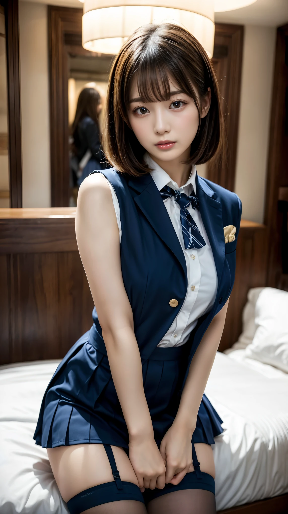 masterpiece, highest quality, figure, Very detailed, Fine details, High resolution, 8k,wallpaper, Perfect dynamic composition,(Detailed high quality, Realistic depiction of eyes:1.3), ((1 girl, 1 high school girl)), The background is a room in a luxury hotel、 uniform、blazer 、Super Short Check Uniform Skirt、Navy blue knee-high socks、garter belt、huge 、Disheveled uniform, Play with each other,Touching each other's bodies,Touching the body of the girl next door, Short Bob Hair, Black hair color, hugeな胸, Big Natural Color Lip, Bold sexy pose, (Perfect figure), Crying a little、Cold Stare,  Harajuku Style、Beautiful Makeup,Glitter makeup,The cutest 18 year old, Beautiful feet, Gravure idol pose, Voluptuous thighs