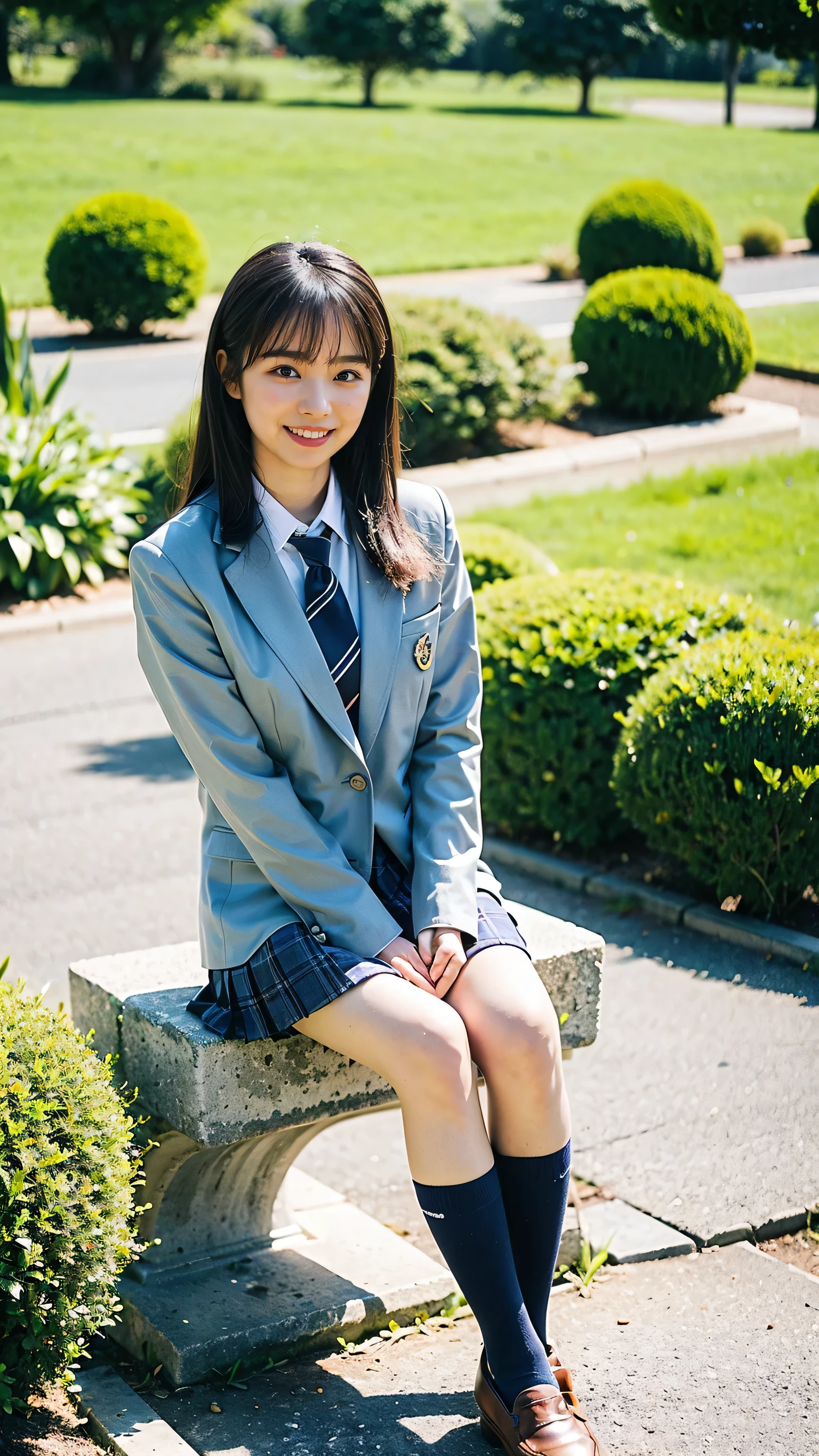 (8k、RAW Photos、highest quality、masterpiece:1.2)、(Realistic、Realistic)、1 girl、((blazer、shirt、 uniform、Check mini skirt、tie、Navy blue socks、loafers、garden、Sitting、smile、View from the front))、