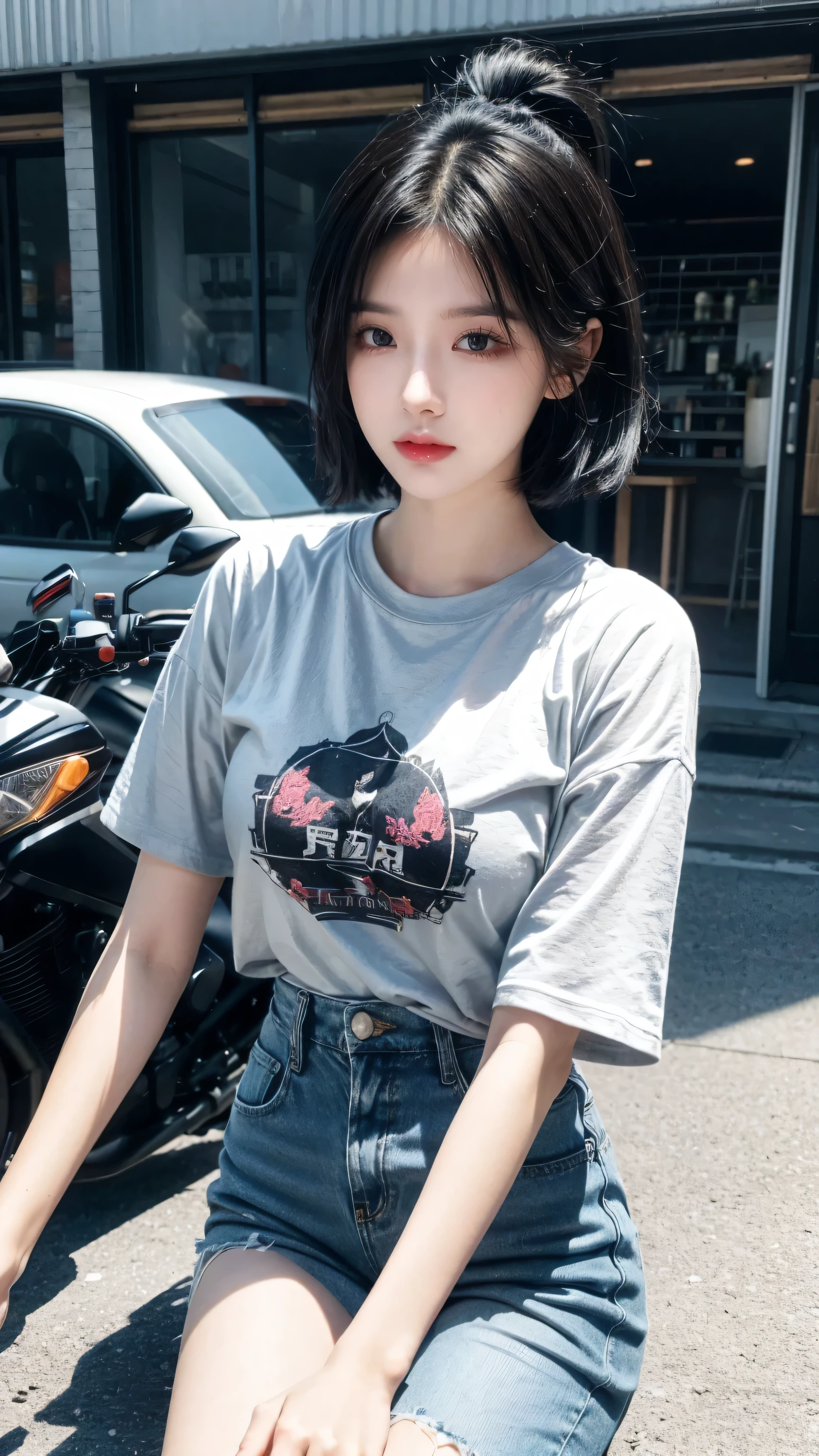 best quality, 1 Girl, dark blue hair, black eyes, Very short hair, Spiky hair, blue oversize t-shirt, High waist short jeans, 171 cm, Messy hair, Hair between the eyes, Medium breasts, full, Tomboy, aldult, 20 years old, 1 Girl near blue motorcycle, Brutalist Design、Vibrant colors、Sandy Beach、Spread your legs、sit、The wind is blowing