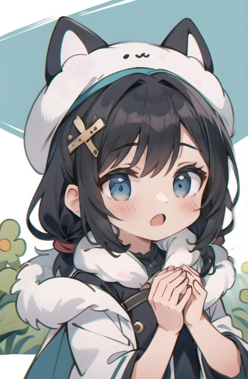 maionese shigure, 1 garota, seios, olhando para o espectador, corar, sorriso, cabelo curto, boca aberta, franja, hair ornament, Orelhas de animais, cabelo entre os olhos, medium seios, olhos roxos, presilha de cabelo, Olhos rosa, crossed franja, cabelo verde claro, orelhas de doninha, luvas, fur trim, jaqueta cinza, Grey hat, cauda de animal