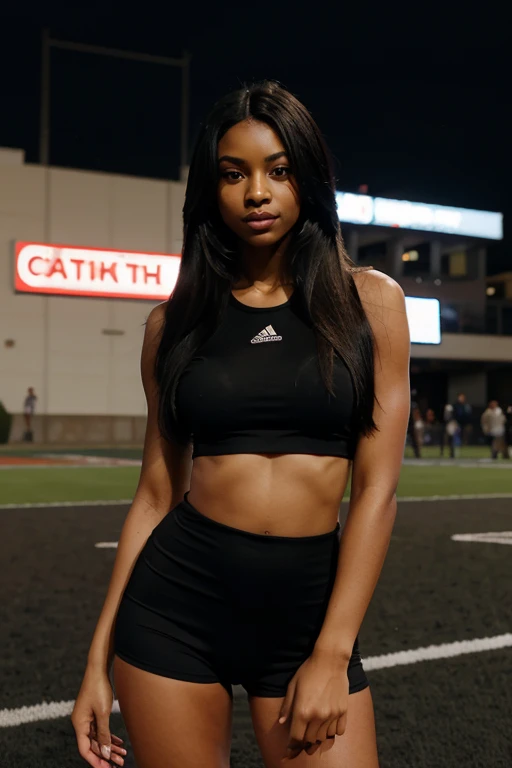 a beautiful and slim ebony woman with long straight hair dressed as an american football player showing full body