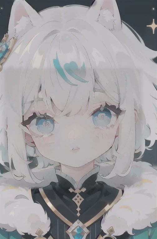 maionese shigure, 1 garota, seios, olhando para o espectador, corar, sorriso, cabelo curto, boca aberta, franja, hair ornament, Orelhas de animais, cabelo entre os olhos, medium seios, olhos roxos, presilha de cabelo, Olhos rosa, crossed franja, cabelo verde claro, orelhas de doninha, luvas, fur trim, jaqueta cinza, Grey hat, cauda de animal