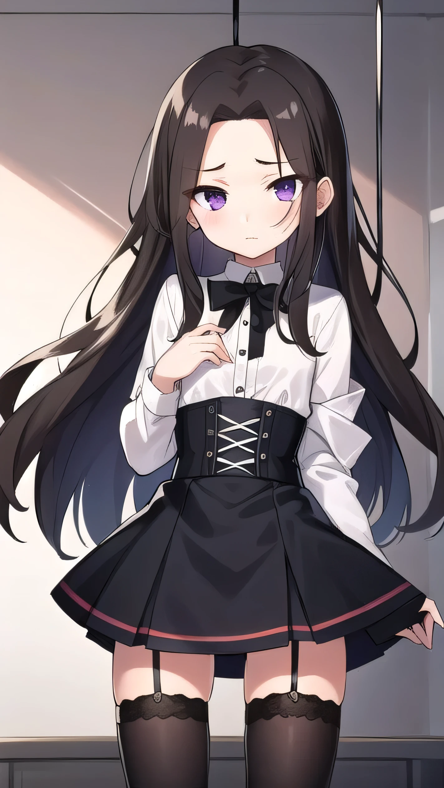 Brown hair, long hair, purple eyes, very short bangs, wide forehead, white shirt, long sleeves, black corset, black miniskirt, black knee socks, middle school student, flat chest , short, narrow eyes, hanging eyes, forehead, straight hair, harness,