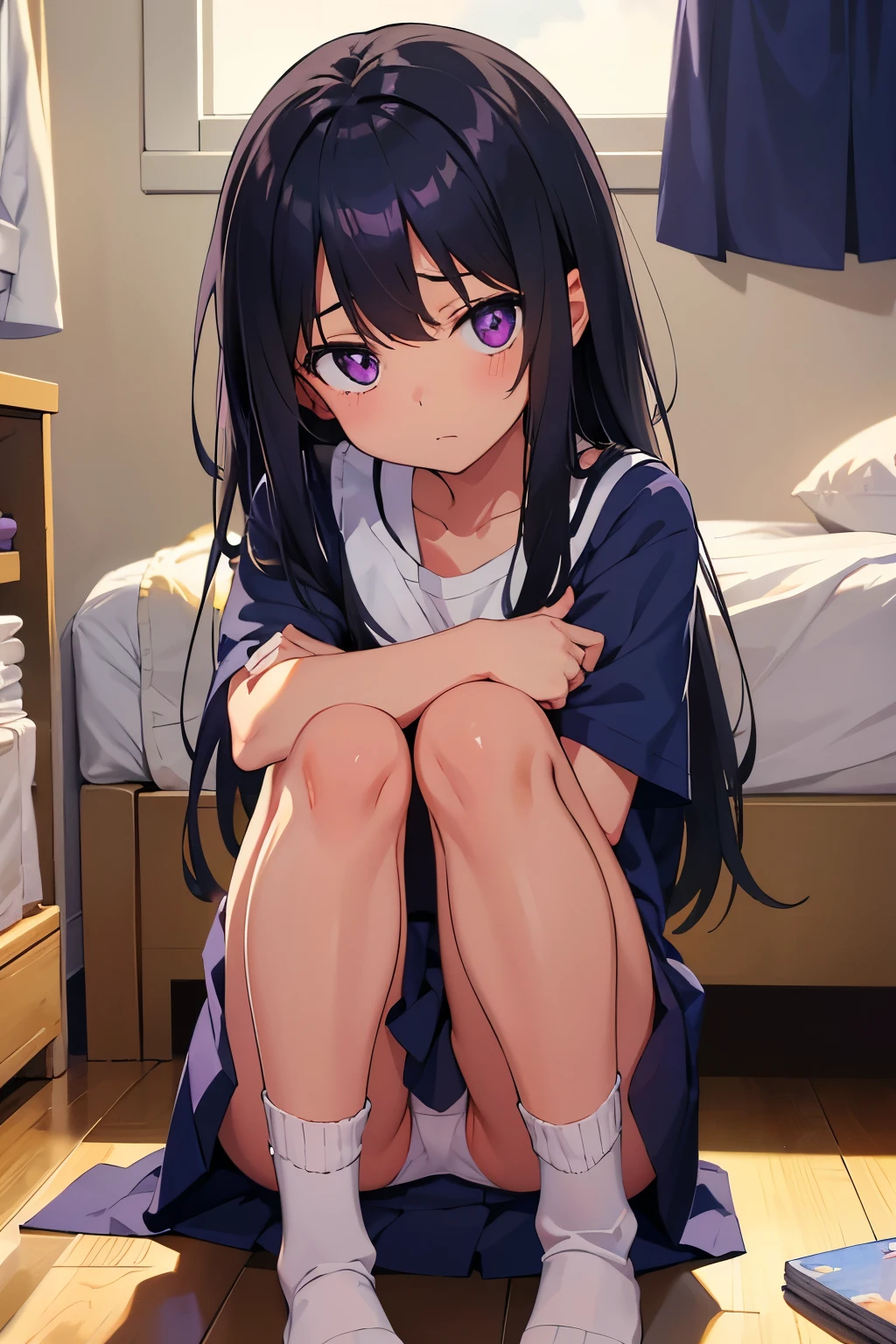 A dimly lit, messy room. An elementary school girl, 8 years old, flat chest, black hair, long hair, purple eyes. （one person） Plain white upper body, short sleevesＴShirt, navy blue miniskirt, white panties（（I can see her panties）） White socks Otaku&#39;s room 　Books and clothes are scattered on the floor 　Sitting on the floor　There are books, clothes, and panties scattered around.　 Dynamic Angle