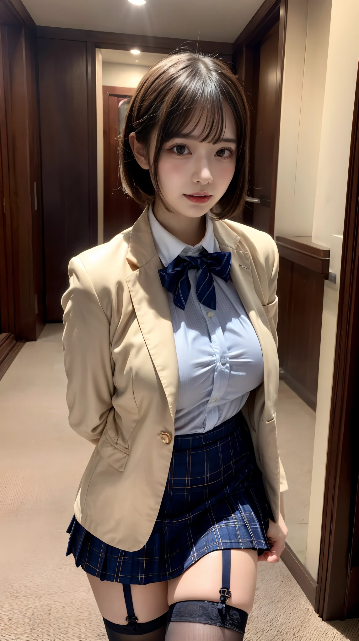 (Realistic depiction of eyes:1.3), ((1 girl, 1 high school girl)), The background is a room in a luxury hotel、 uniform、blazer 、Super Short Check Uniform Skirt、Navy blue knee-high socks、garter belt、huge 、Disheveled uniform, Short Bob Hair, Black hair color, hugeな胸, Big Natural Color Lip, Bold sexy pose, (Perfect figure), Crying a little、Cold Stare, Harajuku Style、Beautiful Makeup,Glitter makeup,The cutest 18 year old, Beautiful feet, Gravure idol pose, Voluptuous thighs、BREAK ceremony,((Random sexy poses、put in、Deep joy, Ecstatic eyes:1.2)), ((I gasp hard:1.2))、Ecstatic face、Climax expression, Through clenched teeth、My whole body is convulsing、OFFicial Art,Highly detailed CG Unity 8k wallpaper, (masterpiece:1.0),(highest quality:1.0), photo shoot, 8k, Browsing Caution, High resolution, Kodak Portrait 400, Film Grain, Lens flare brilliance,Very low camera angle, View your audience