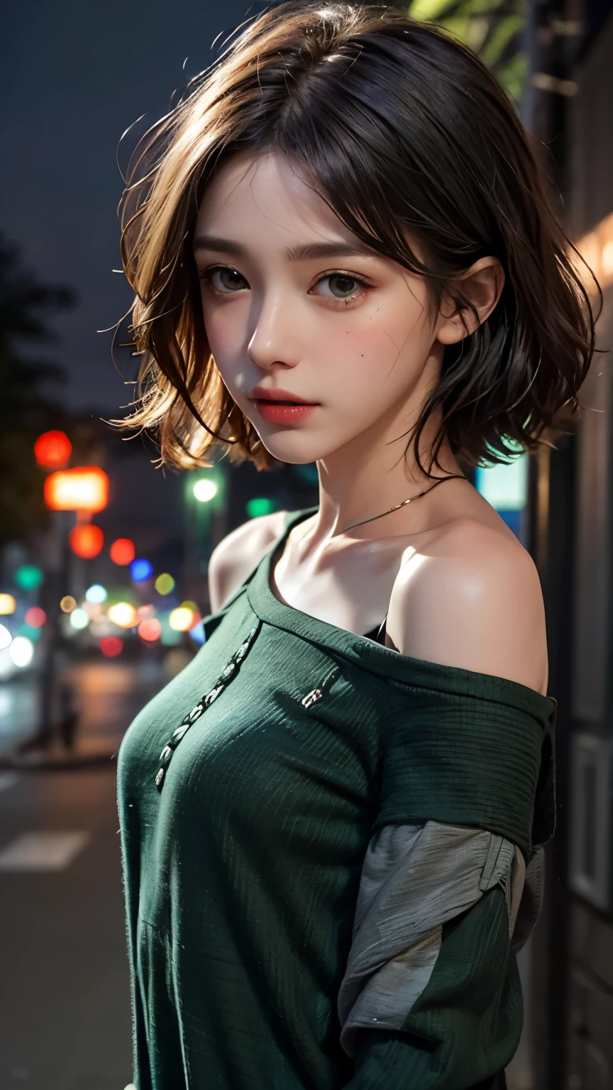 Green clothes、Green and black two-tone hair、highest quality, masterpiece, Ultra-high resolution, (Realistic:1.4), RAW Photos, One Girl, Off the shoulder, In the Dark, Deep Shadow, Moderate, Night Alley, short hair, roadside,walk, 20-year-old,Cute Face, Small breasts, Tight shirt,(head shot:1.5)