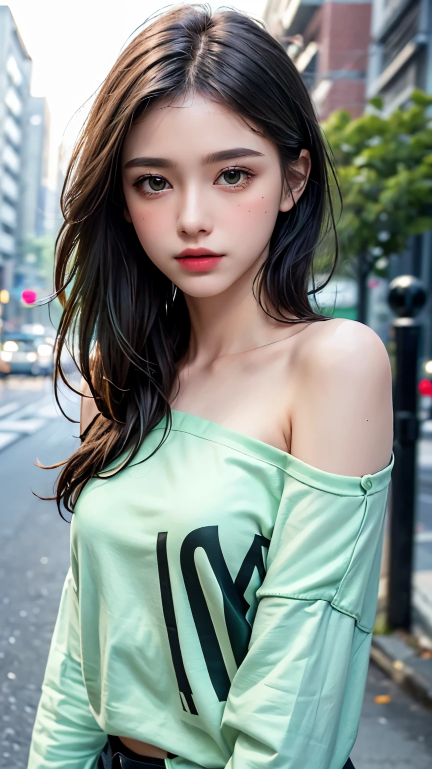 Green clothes、Green and black two-tone hair、highest quality, masterpiece, Ultra-high resolution, (Realistic:1.4), RAW Photos, One Girl, Off the shoulder, In the Dark, Deep Shadow, Moderate, Night Alley, short hair, roadside,walk, 20-year-old,Cute Face, Small breasts, Tight shirt,(head shot:1.5)