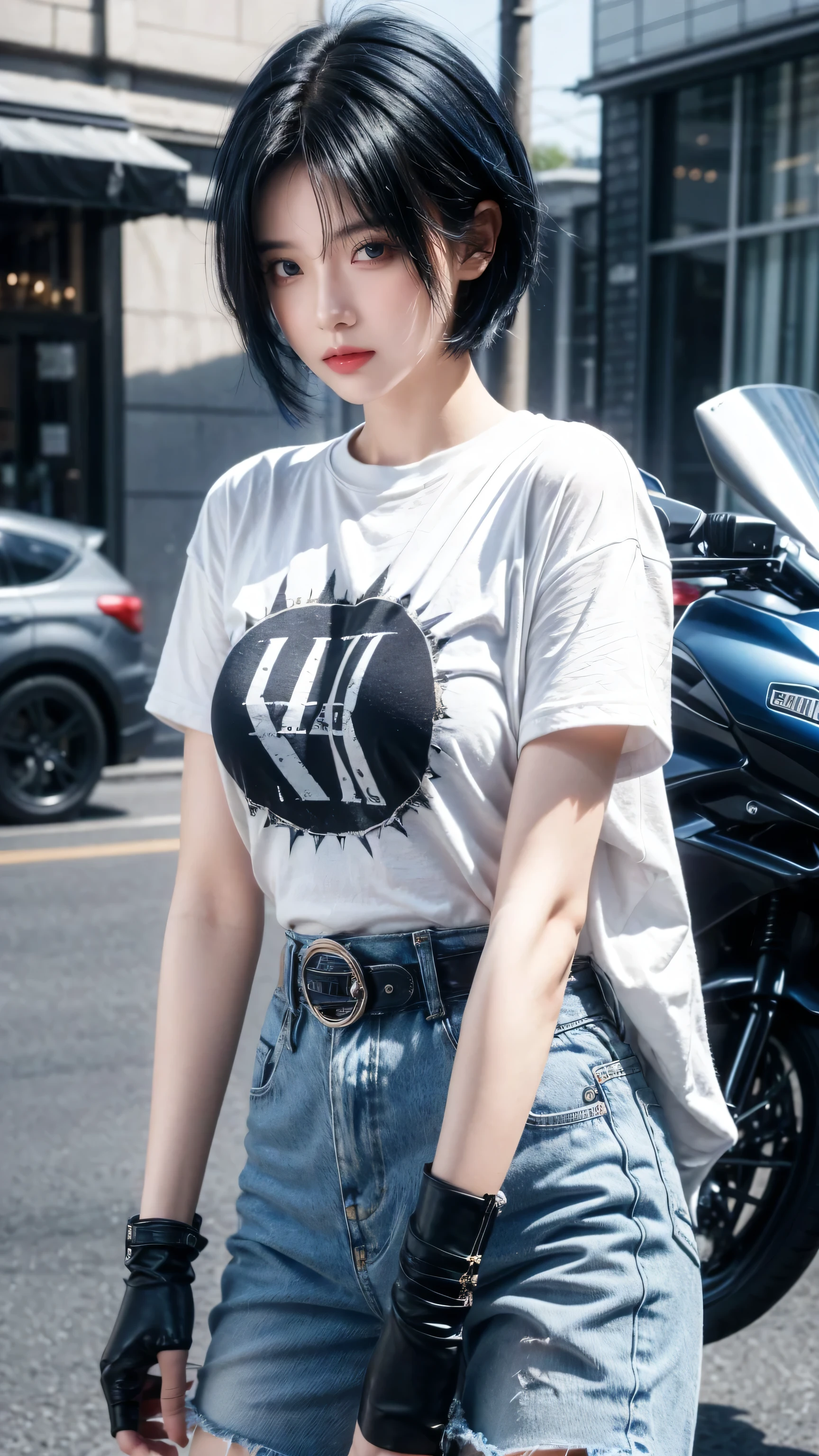 best quality, 1 Girl, dark blue hair, black eyes, Very short hair, Spiky hair, blue oversize t-shirt, High waist short, 171 cm, Messy hair, Hair between the eyes, Medium breasts, full, Tomboy, aldult, 20 years old, 1 Girl near blue motorcycle