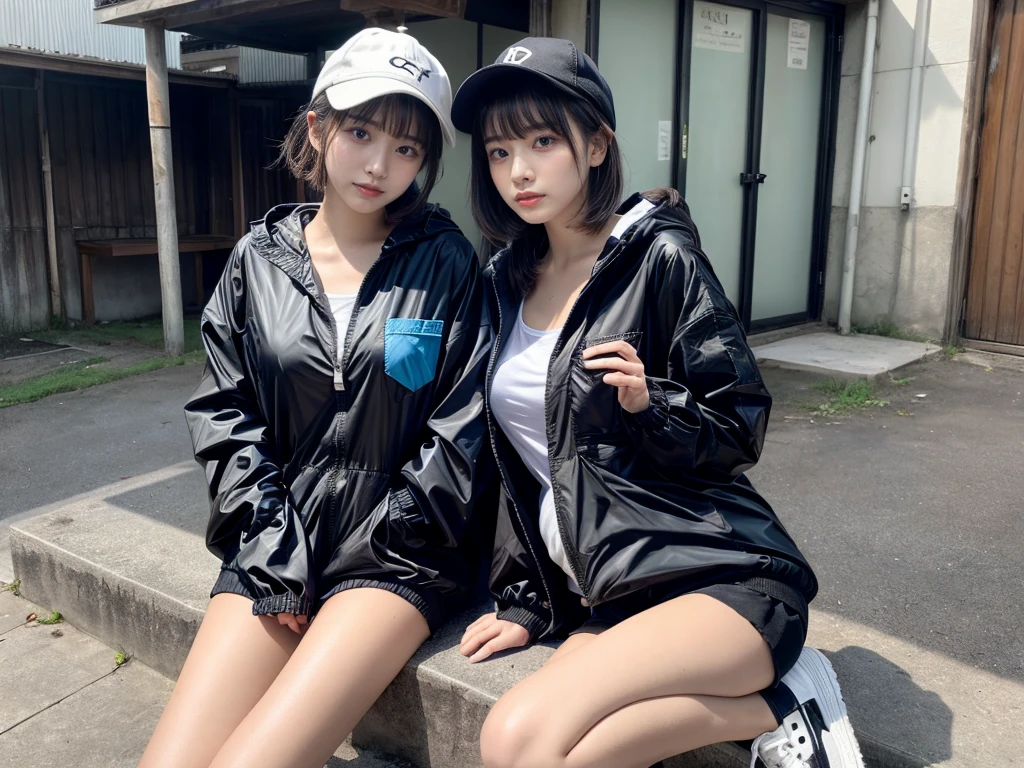 Masterpiece, 8K, award-winning photos, photorealistic, realistic, ultra detailed, ultra high definition, ray tracung, _ the most beautiful, Gravure quality for high-end fashion magazines, 22 years old ,(sexy,Japanese idol, gray hair, short hair),shiny skin , detailed skin , detailed face , perfect anatomy, 1girl~2girls,
_
BREAK (droopy eyes, Natural makeup:1.2),light color, crying a little, Harajuku style, huge breasts,
_
glowing blue eyes, tan skin,
_
BREAK (black and White theme:1.4), (oversized and baggy black outerwear:1.3), (fusion of black windbreaker and White hoodie:1.4), (black Nylon:1.4), ((zipper, large pocket):1.3), BREAK (black and white :1.2), (black platform high-cut sneakers:1.2),(Black leather short pants),(baseball cap),
Inorganic concrete studio with windows, highly detailed background, , ultra-realistic textures, dramatic lighting ,raw photo, _(dutch angle and curtsey ,on side:1.2), looking at viewer,