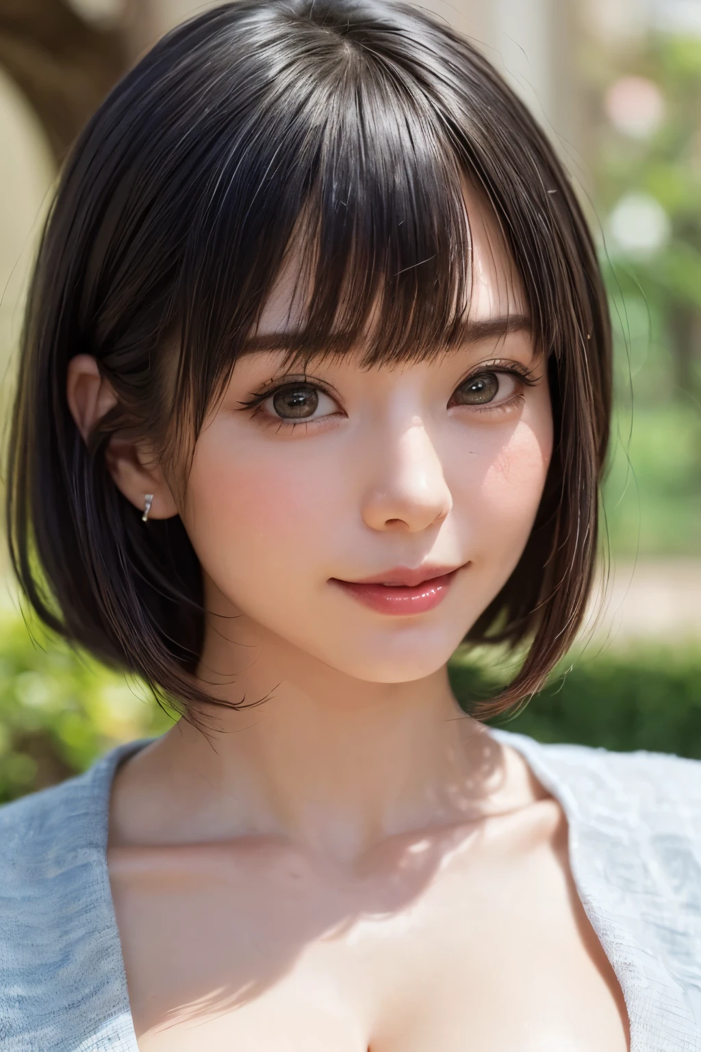 (SFW:1.8、masterpiece, highest quality),1 girl, alone, hyper Realistic, Realistic,Realistic, Looking at the audience, Bright blue-green eyes:1.4,Brunette Short Bob Hair with highly detailed shiny hair, Very delicate and beautiful brightly colored clothing:1.4, Lepangas:1.4), Mouth closed, Upper Body、big chest eye、eyelash、{Huge|big chest|Huge|Mega} whole :2, Chest cleavage:2、(((Beautiful and cute bangs:2、Jet Black Hair:2、Add highlights to the eyes:1.4、big chest eye、Short Bob Hair、Glowing Skin:1.4、Looking at the audience、She is very 美しい and cute、Show me your ears、Beautiful long neck、smile、Please close your mouth and laugh、Bangs and beautiful teeth)))、Ideal body type、((school uniform、、uniform, blazer、School teacher、Background in front of the school gate、Beautiful cherry blossom tree background))、Beautiful long neck:1.4、(({Huge|big|Huge|Mega} chest, Chest cleavage:2))、(((Portraiture:2、Face close-up:2、Close up of chest:2)))、((Transparency、clear、Transparent beauty、Gloss))、Perfect Anatomy